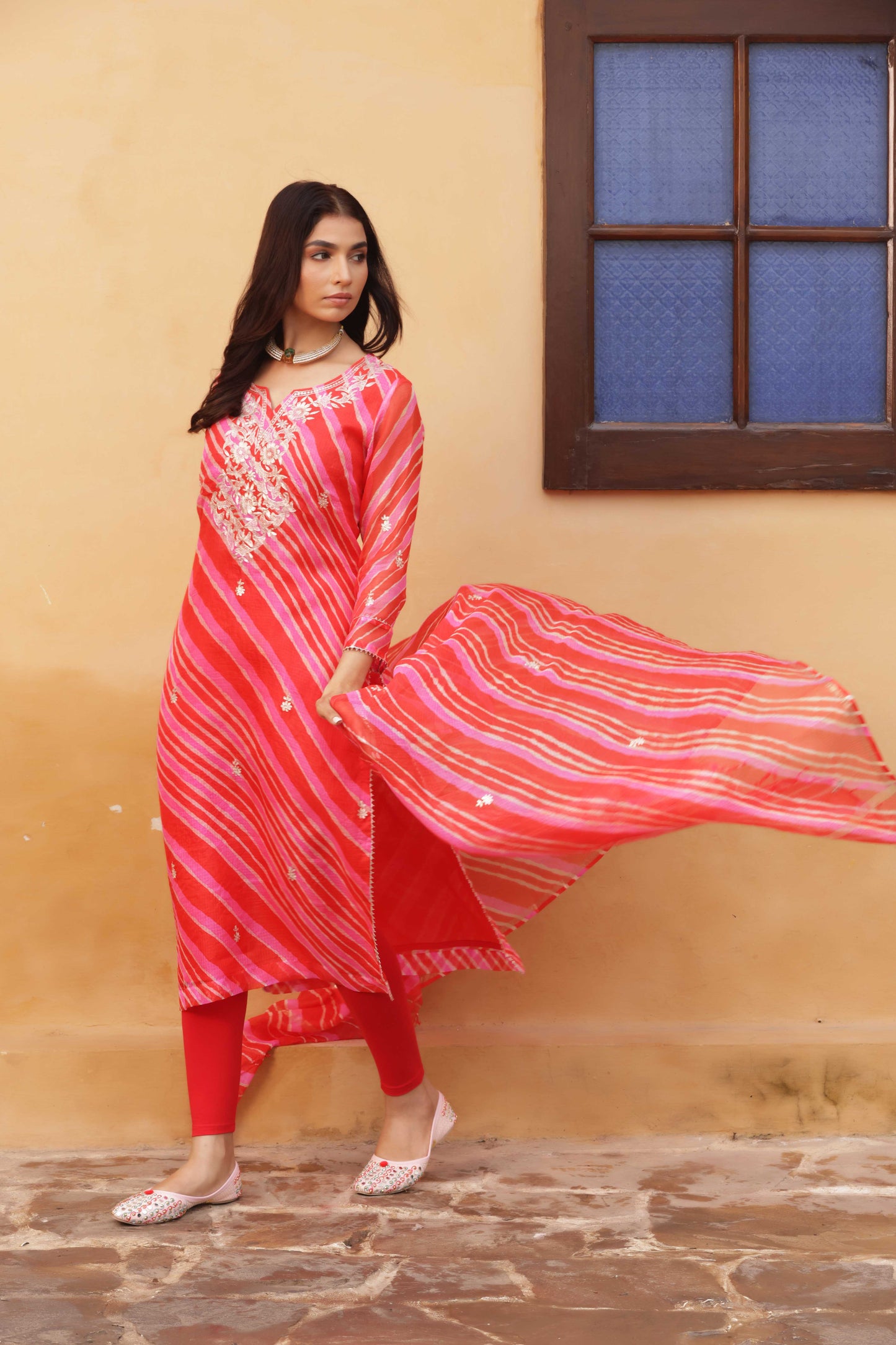 Crimson Leheriya Embroidered Suit Set