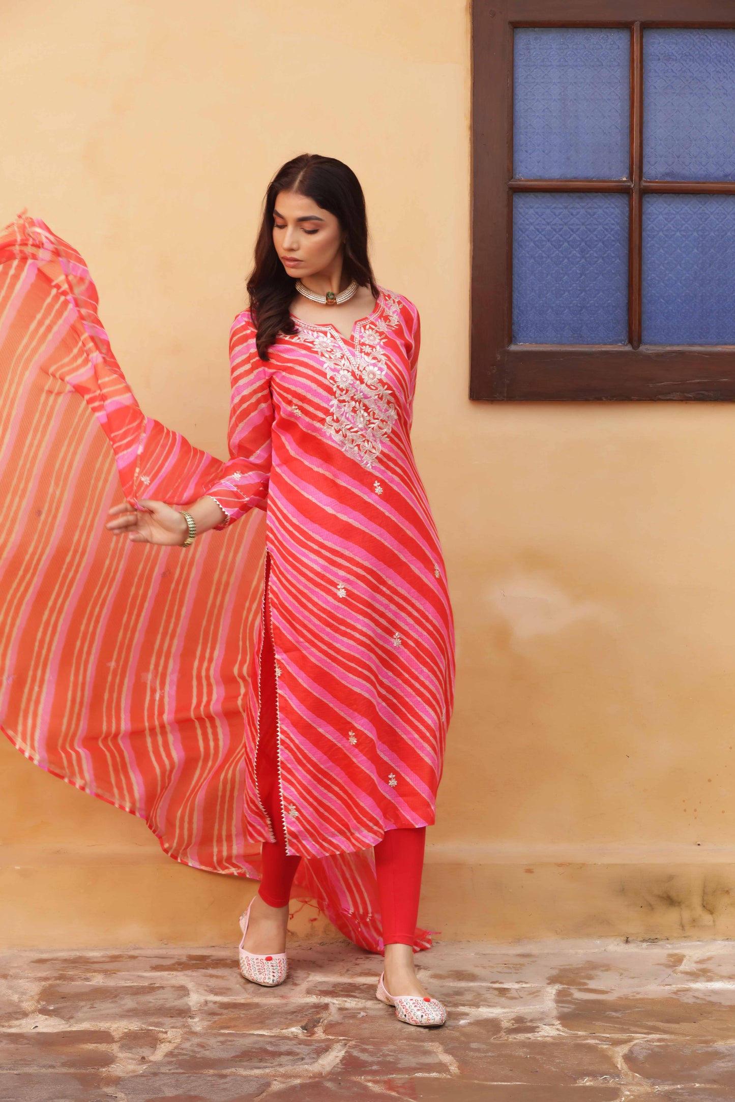 Crimson Leheriya Embroidered Suit Set