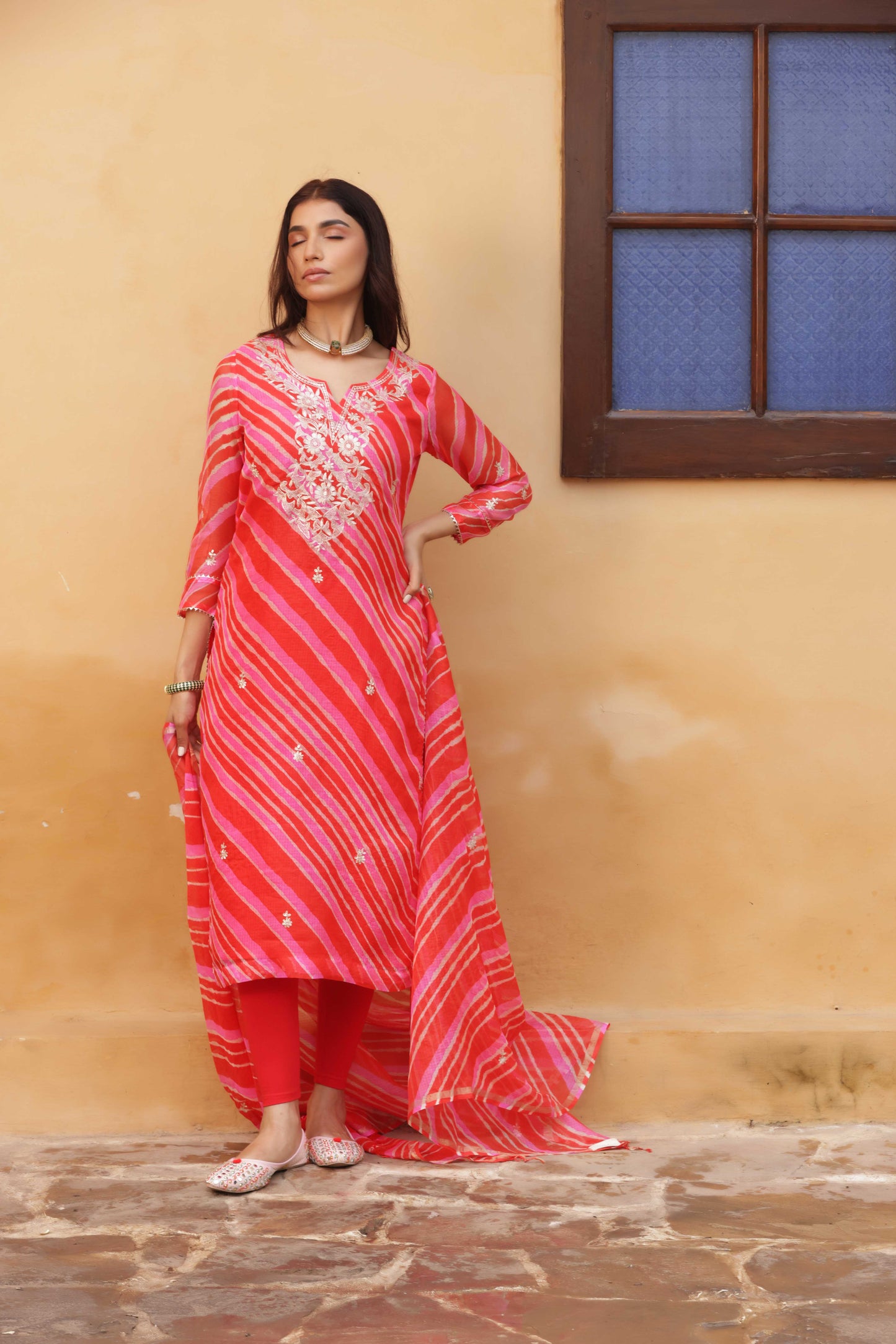 Crimson Leheriya Embroidered Suit Set