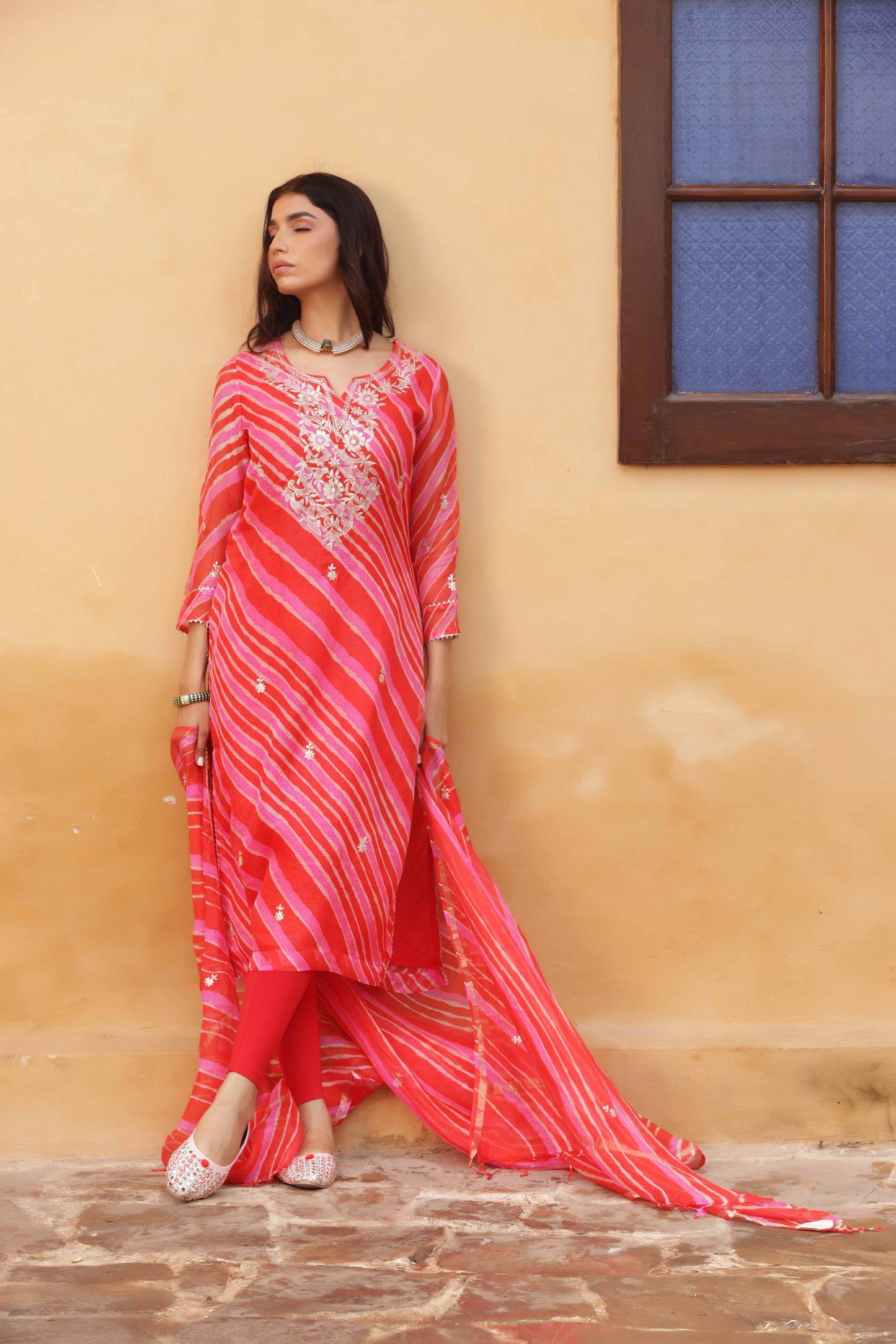 Crimson Leheriya Embroidered Suit Set