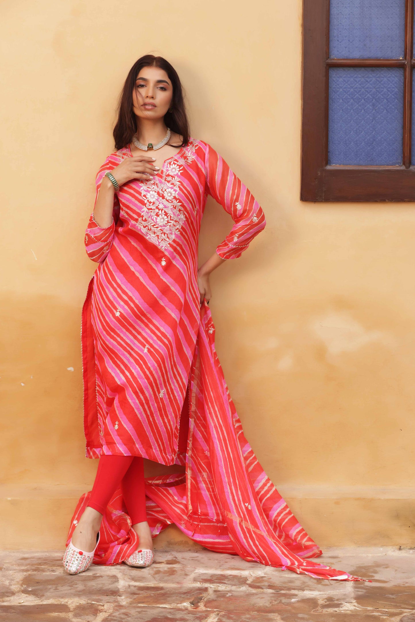 Crimson Leheriya Embroidered Suit Set