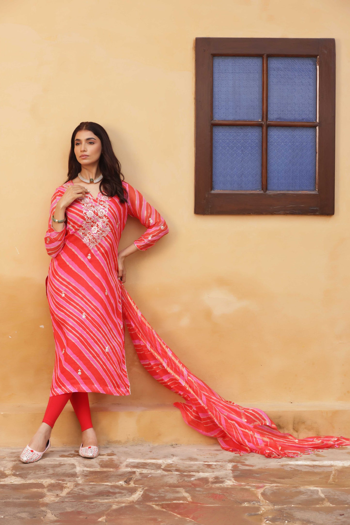 Crimson Leheriya Embroidered Suit Set