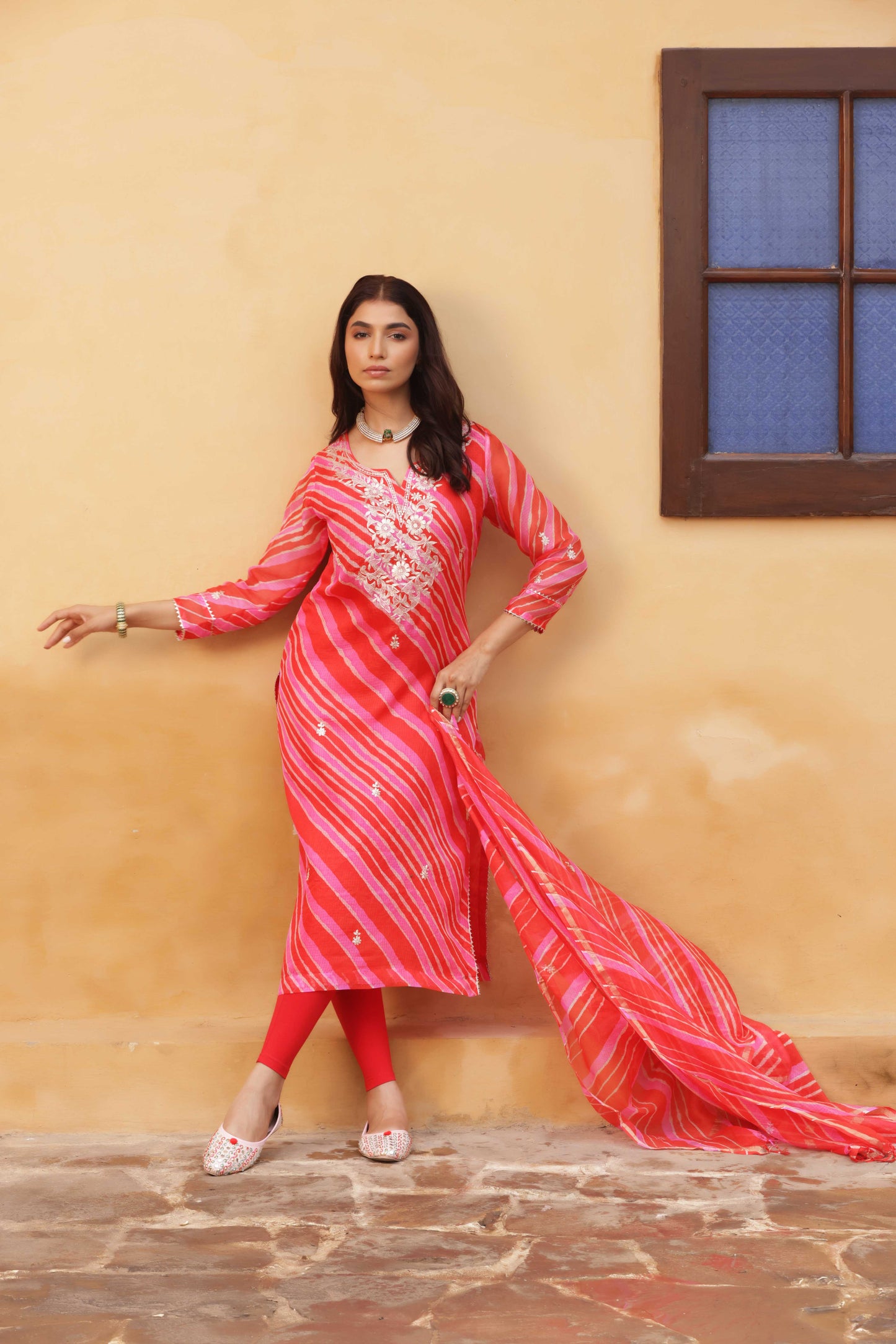 Crimson Leheriya Embroidered Suit Set