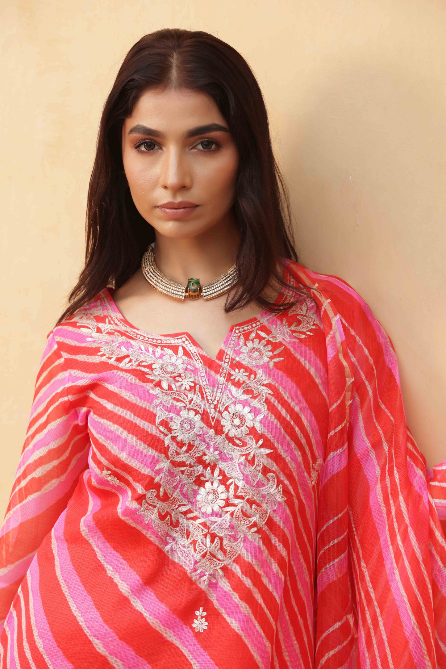 Crimson Leheriya Embroidered Suit Set