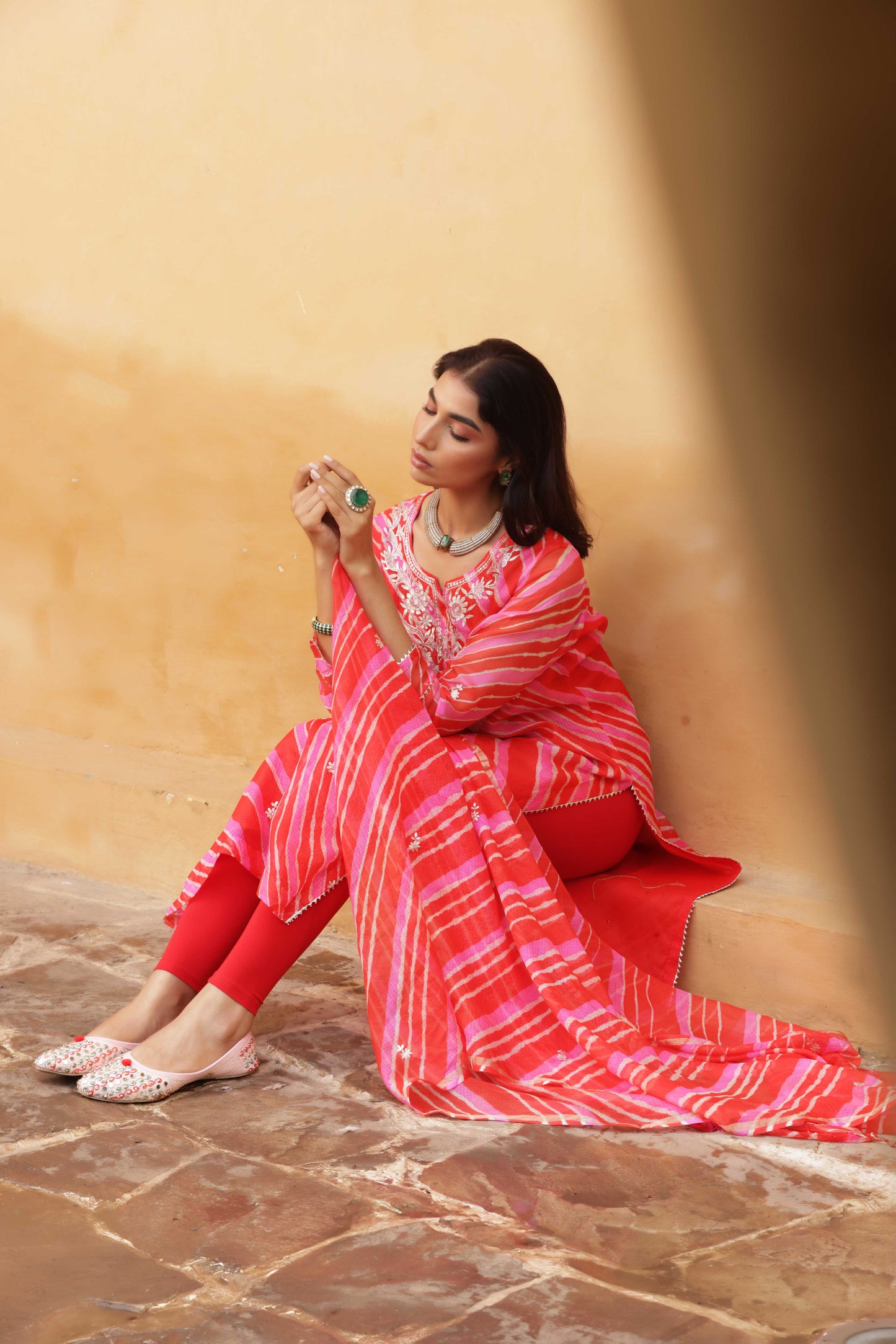Crimson Leheriya Embroidered Suit Set