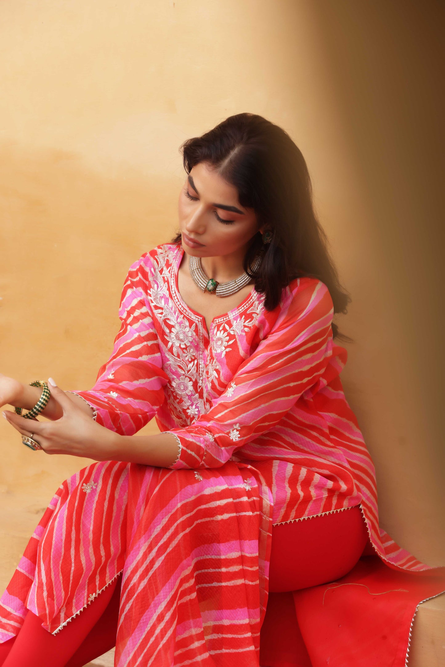 Crimson Leheriya Embroidered Suit Set