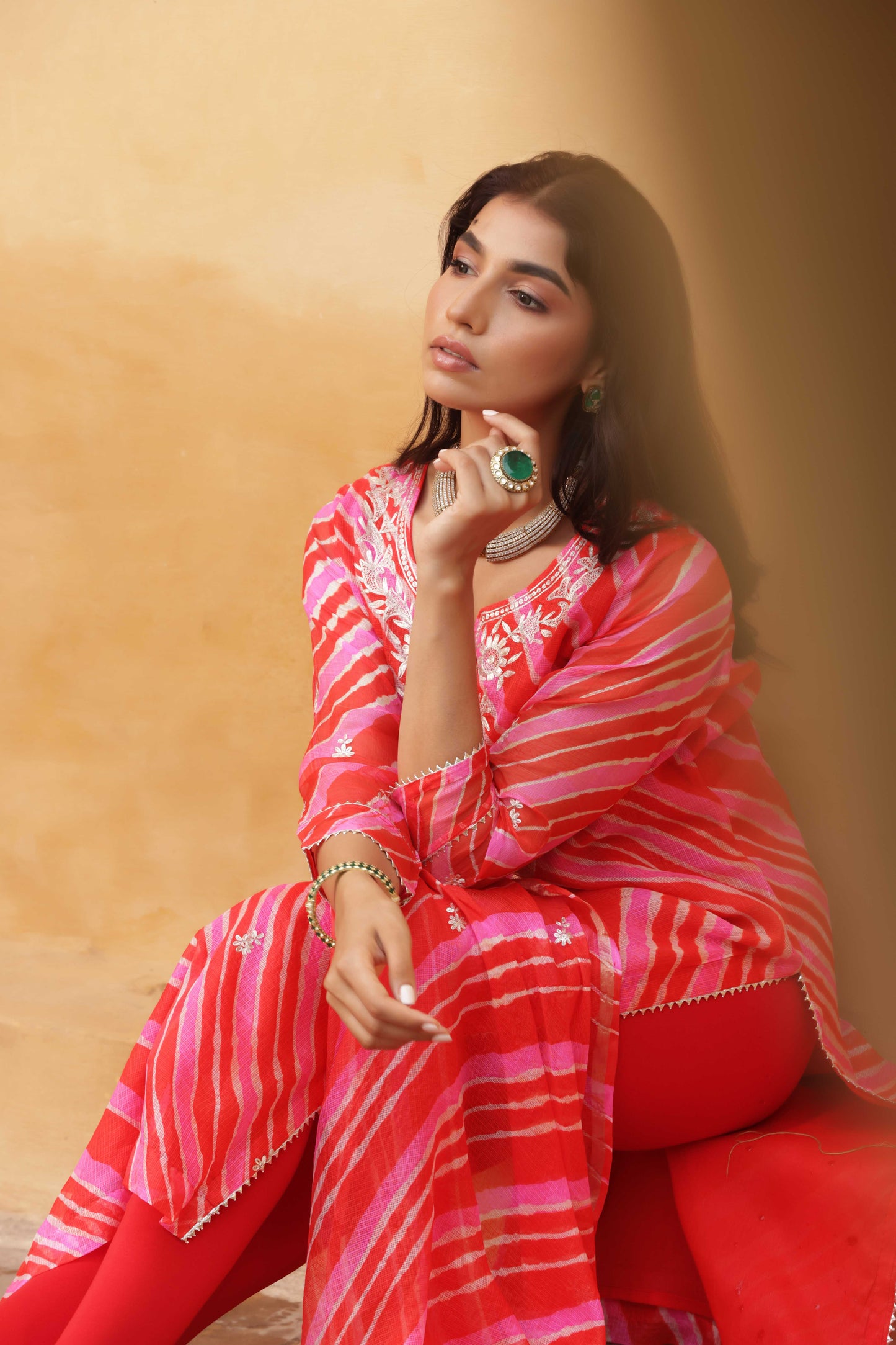 Crimson Leheriya Embroidered Suit Set