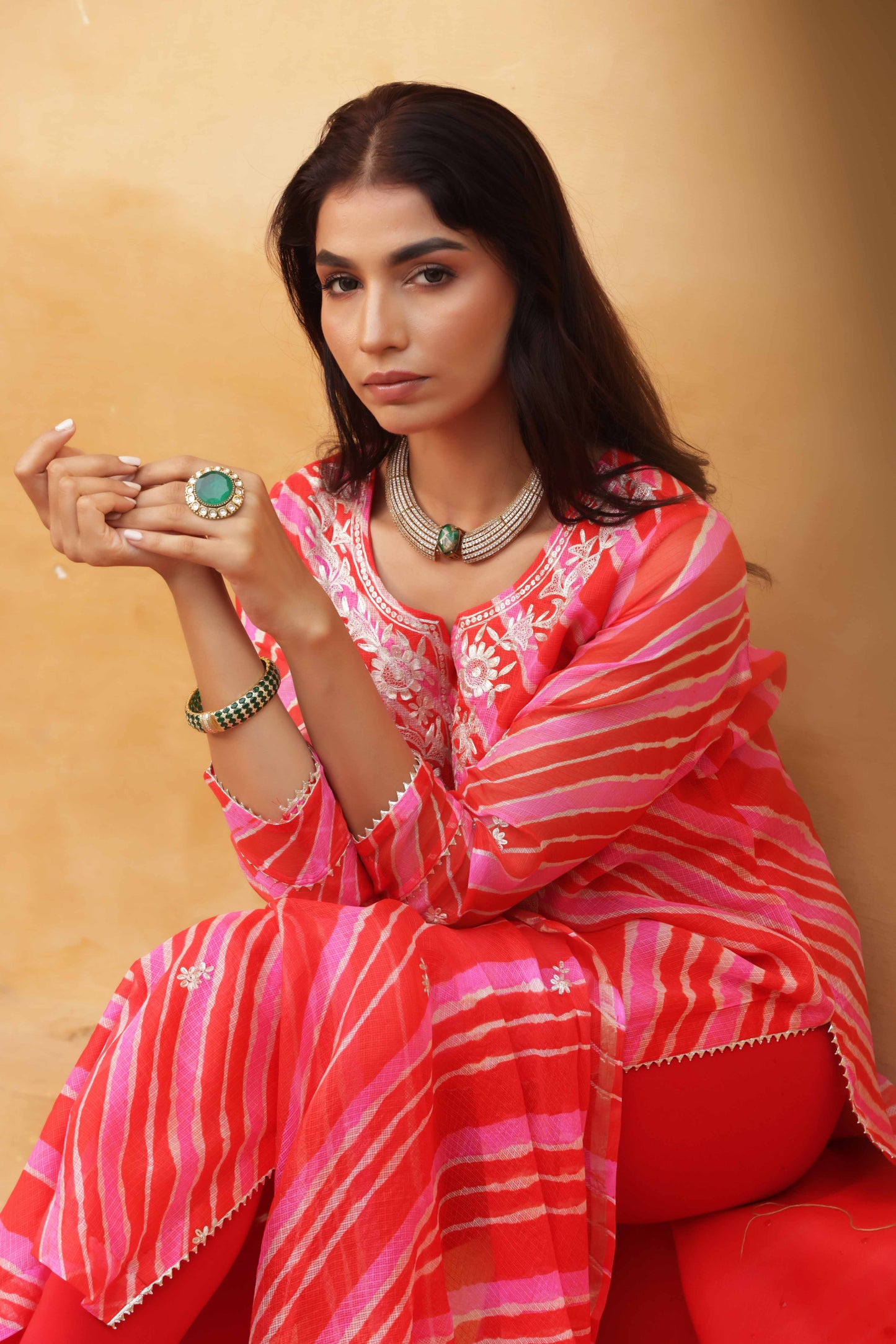 Crimson Leheriya Embroidered Suit Set