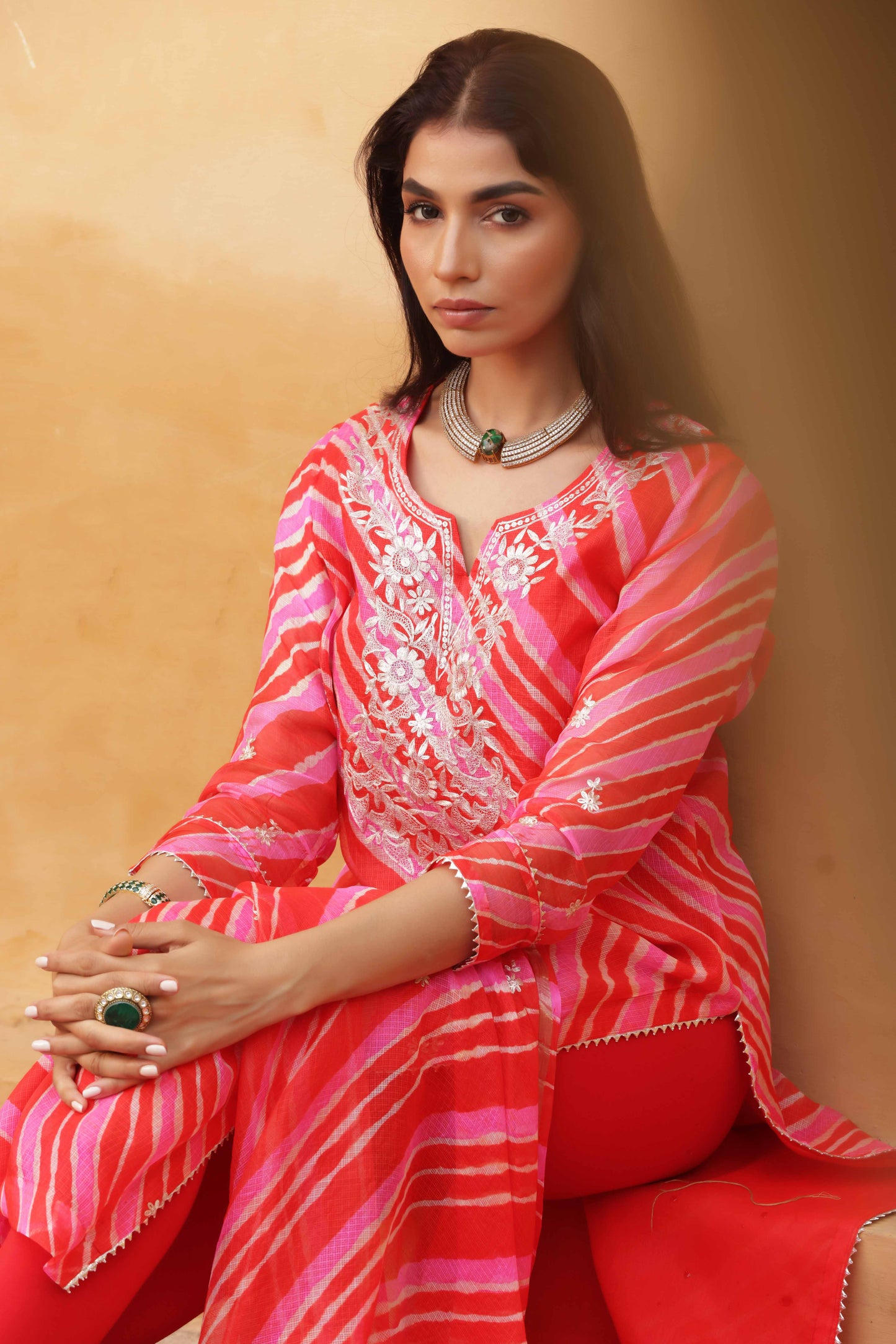 Crimson Leheriya Embroidered Suit Set
