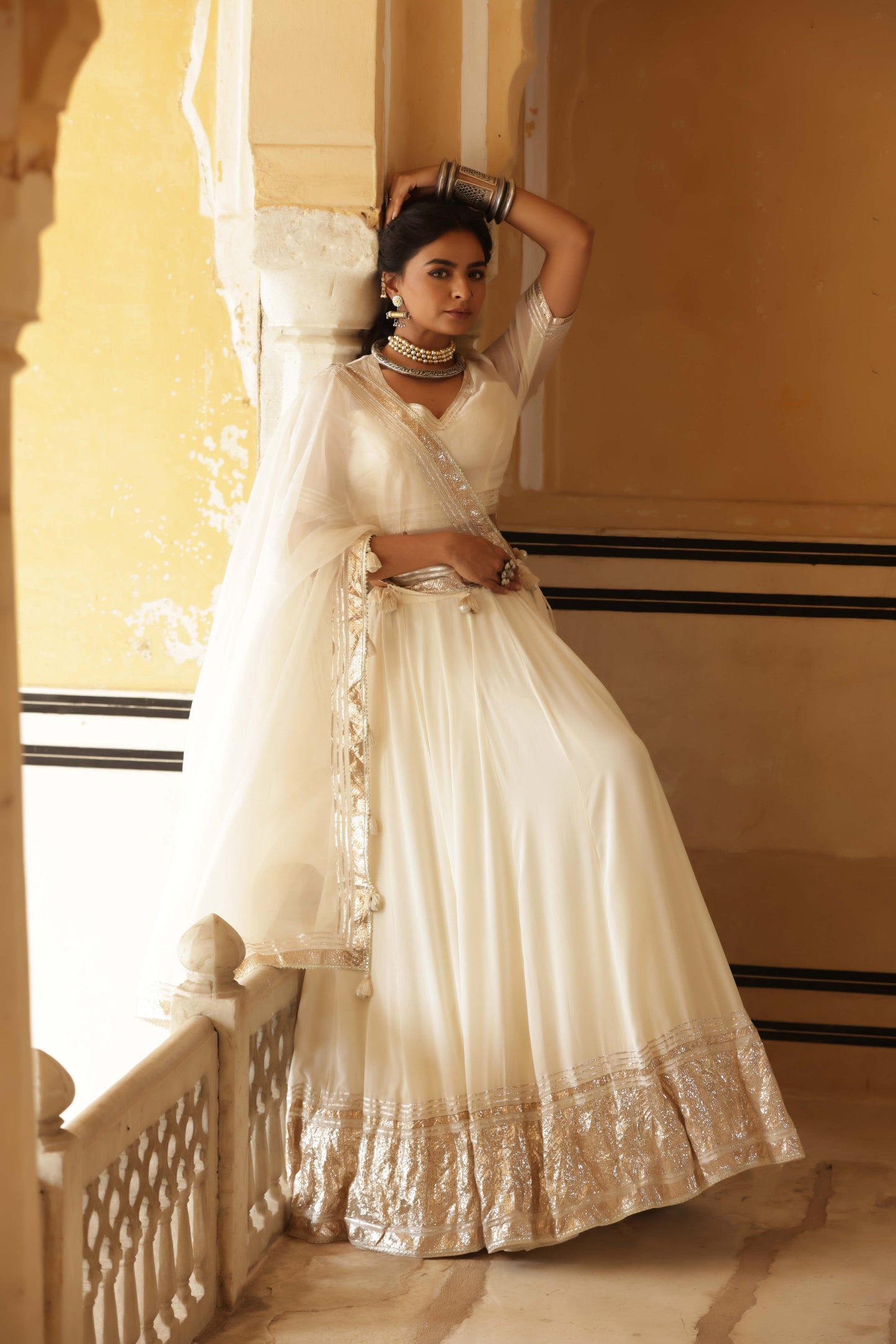 Ivory Silk Georgette Lappa Lehenga