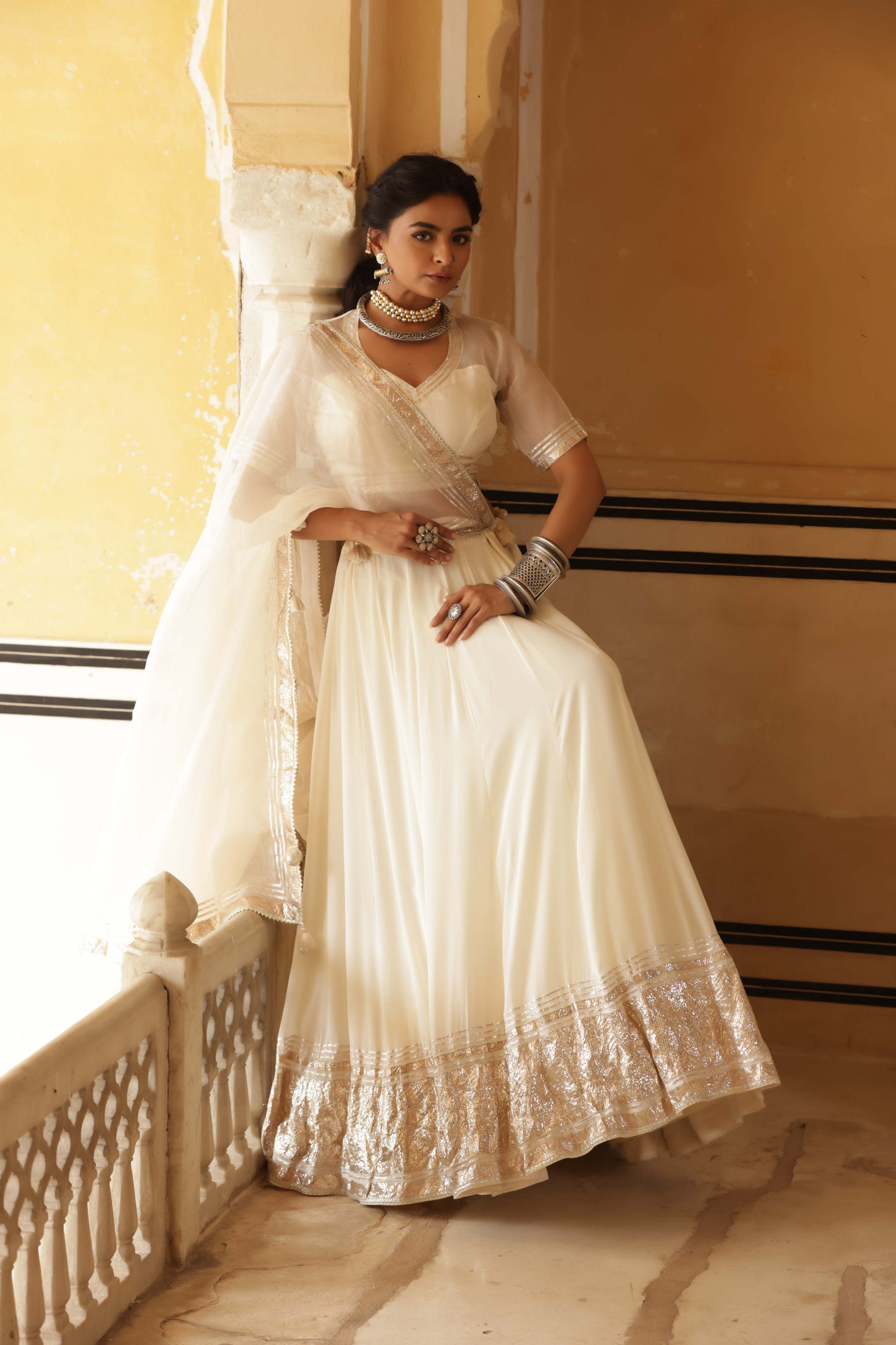 Ivory Silk Georgette Lappa Lehenga