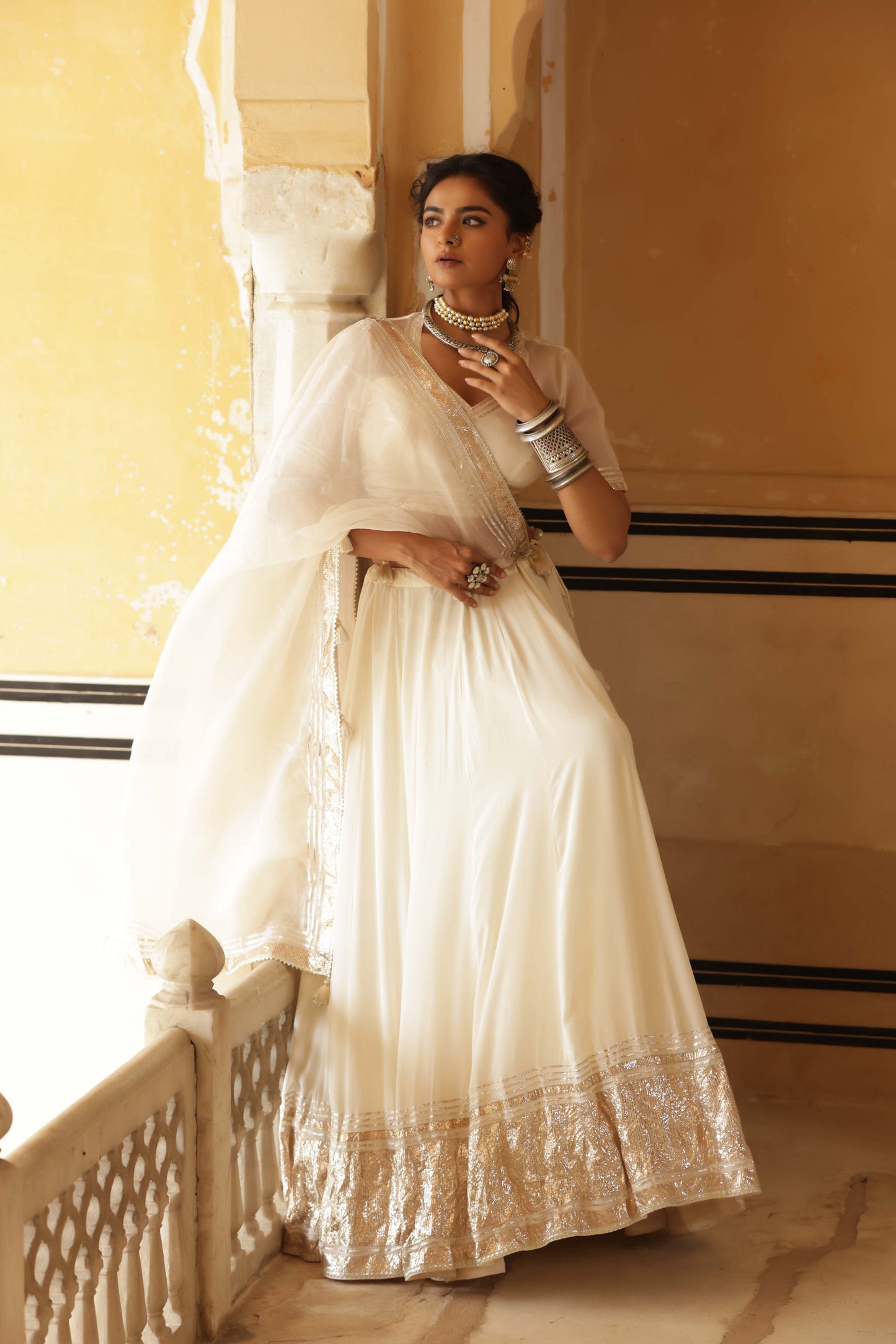 Ivory Silk Georgette Lappa Lehenga