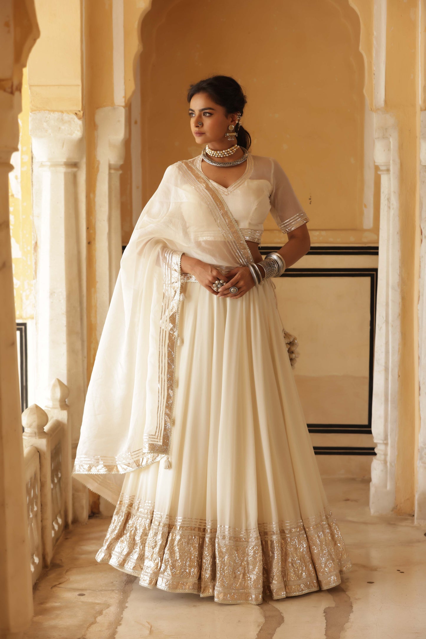 Ivory Silk Georgette Lappa Lehenga