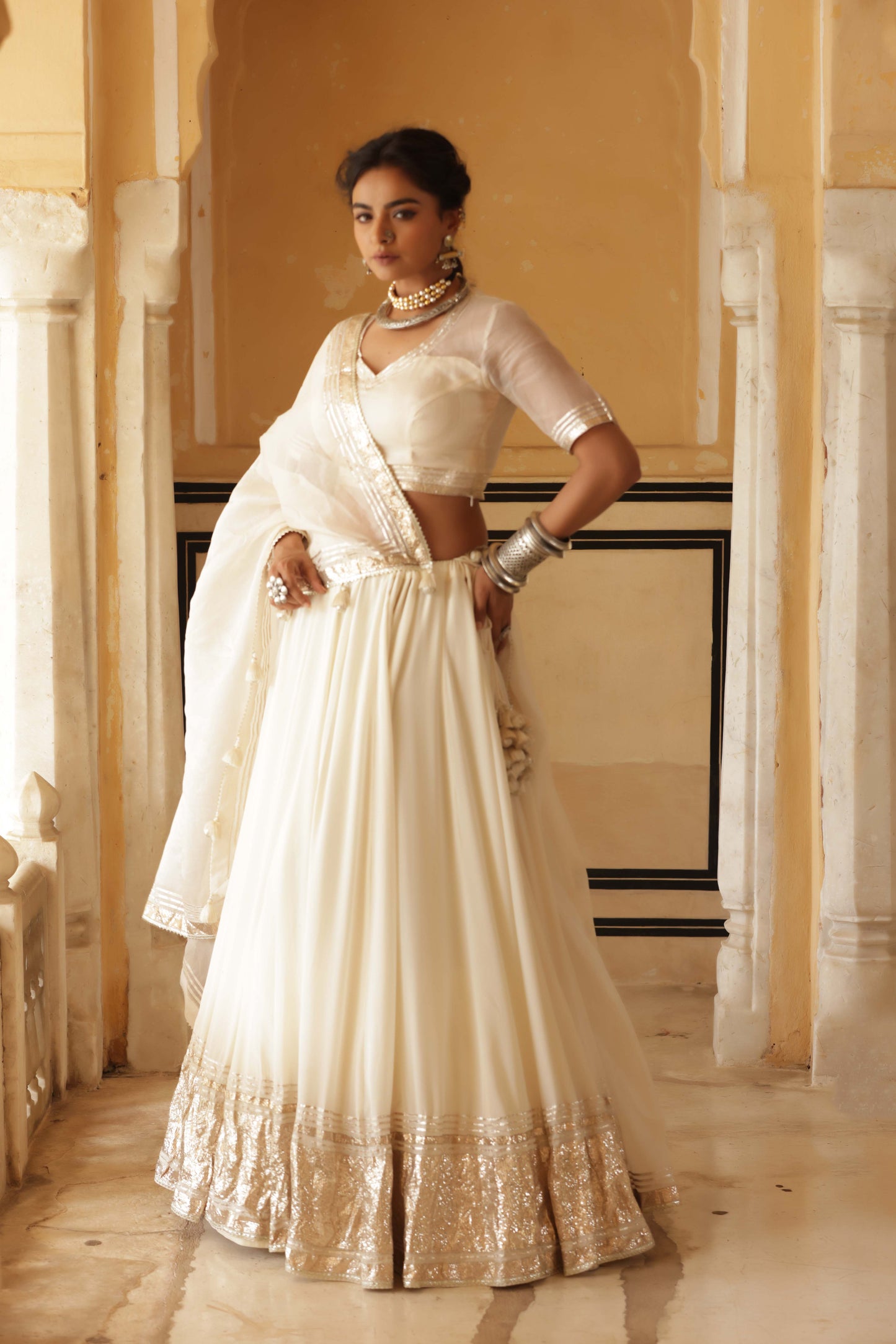 Ivory Silk Georgette Lappa Lehenga