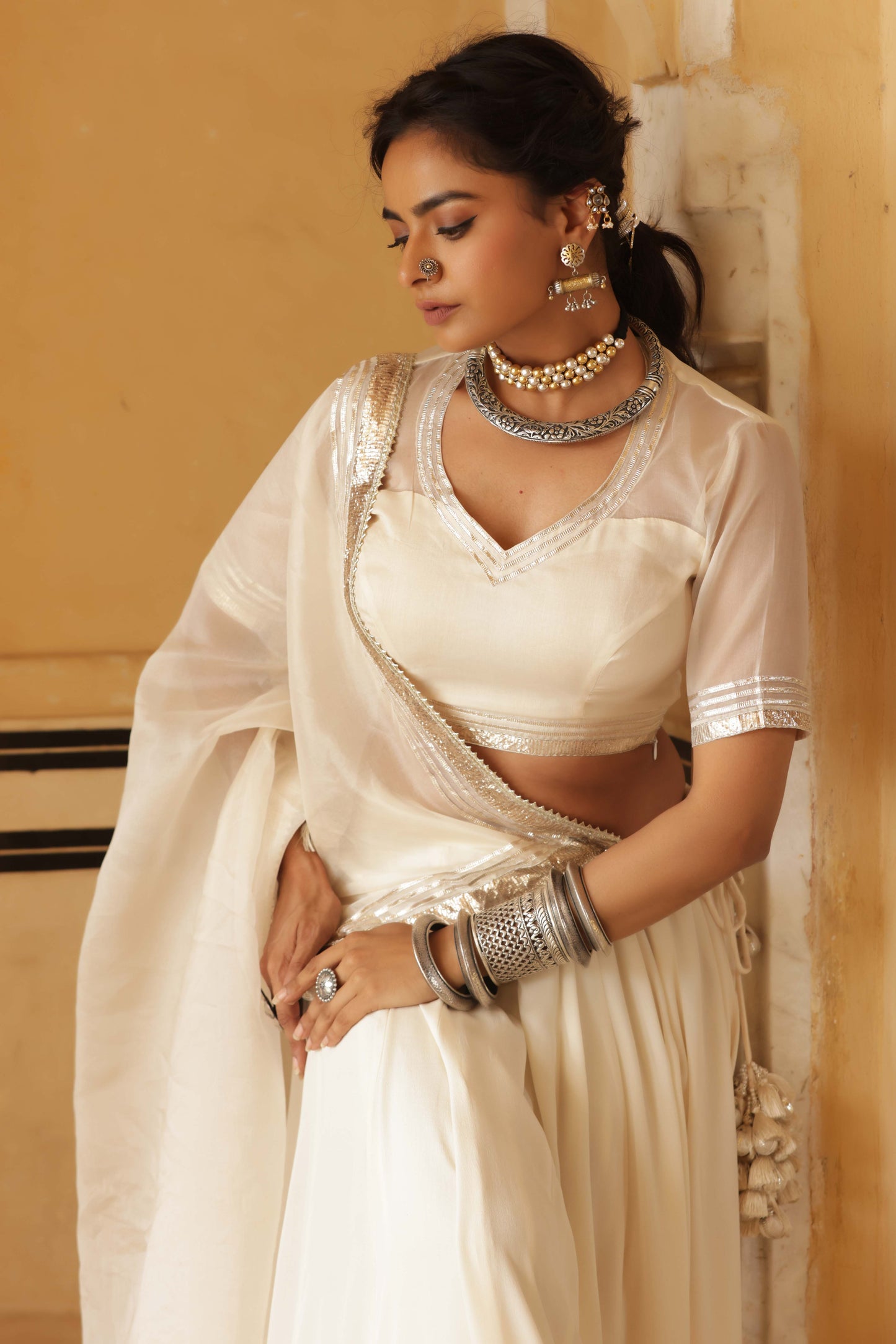 Ivory Silk Georgette Lappa Lehenga