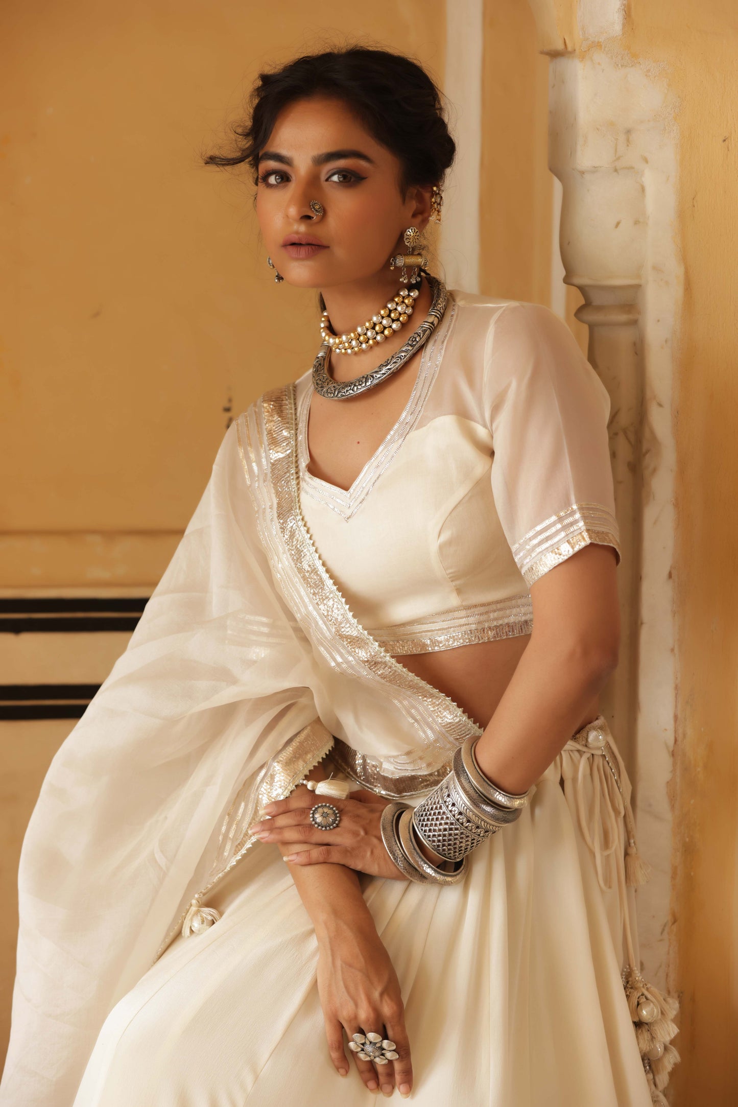 Ivory Silk Georgette Lappa Lehenga