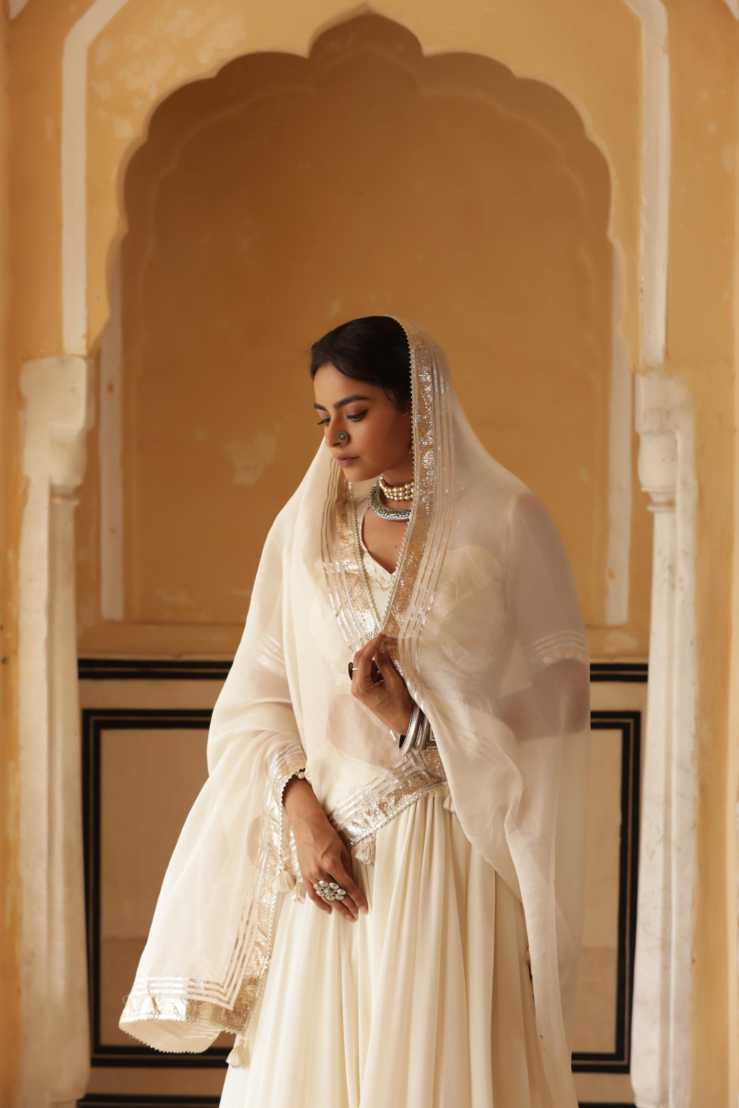 Ivory Silk Georgette Lappa Lehenga