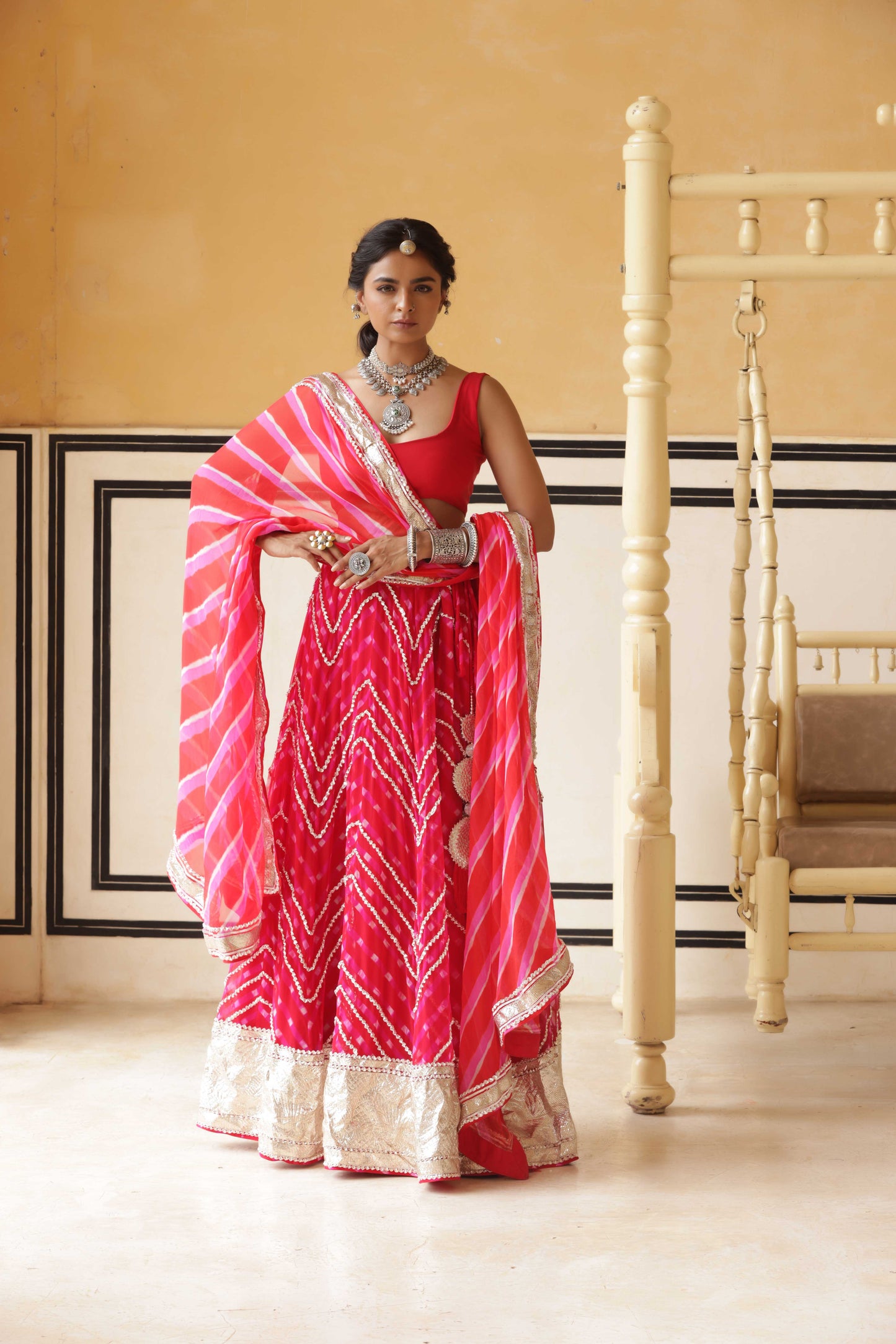 Crimson Chevron Gokhru Lehenga
