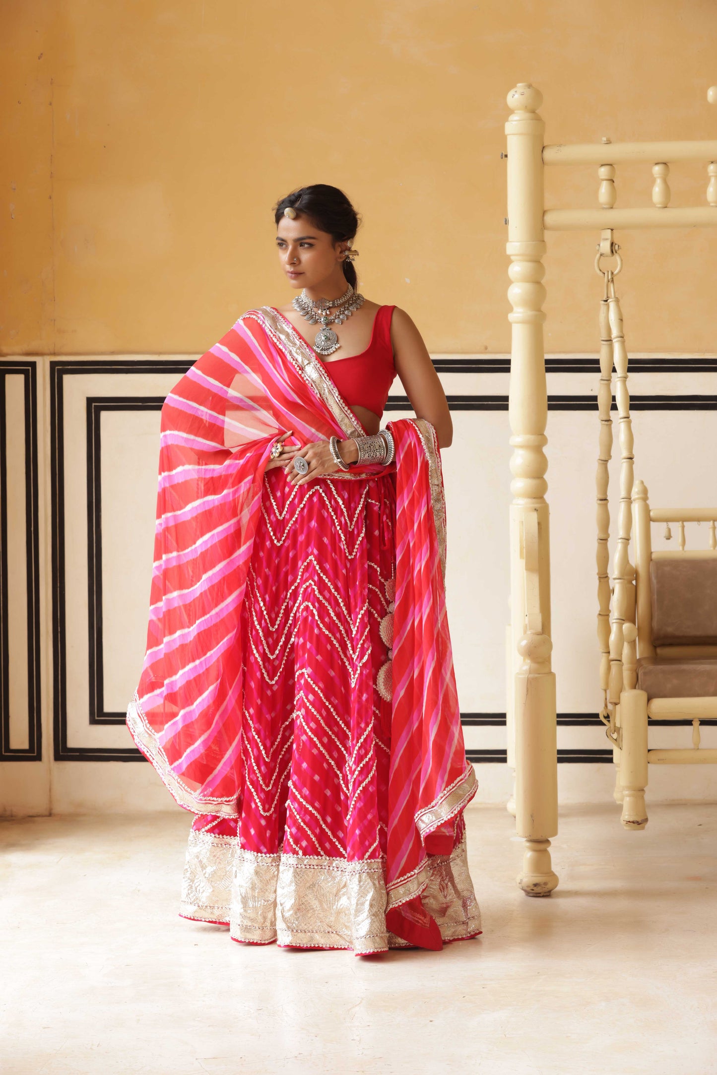 Crimson Chevron Gokhru Lehenga