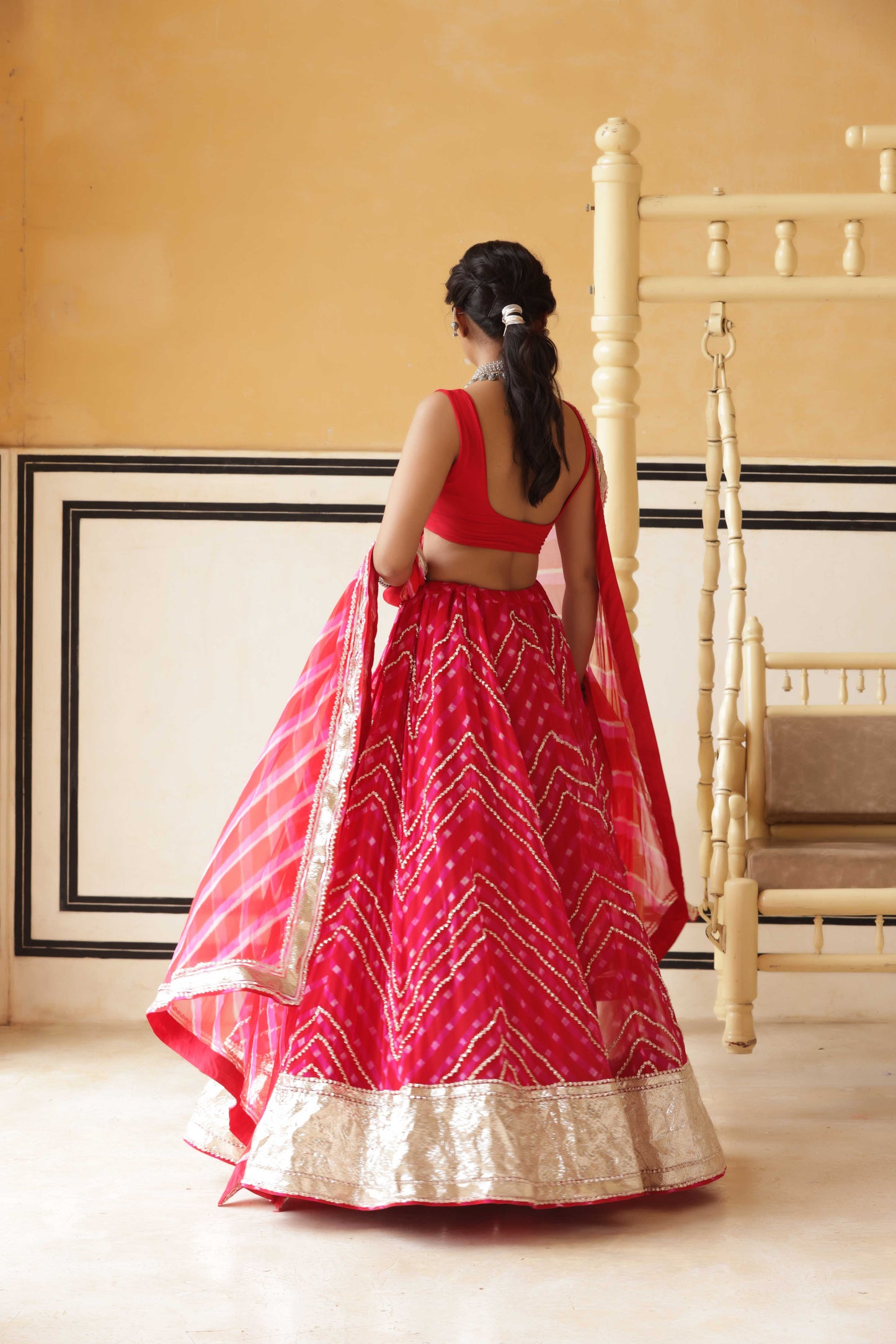 Crimson Chevron Gokhru Lehenga