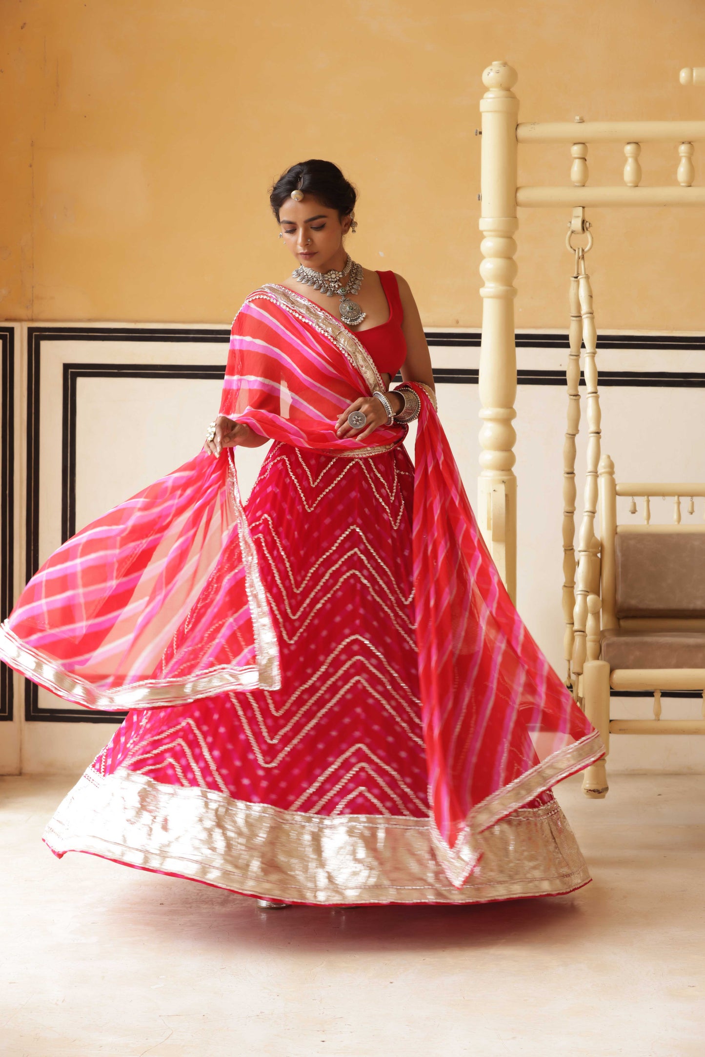 Crimson Chevron Gokhru Lehenga