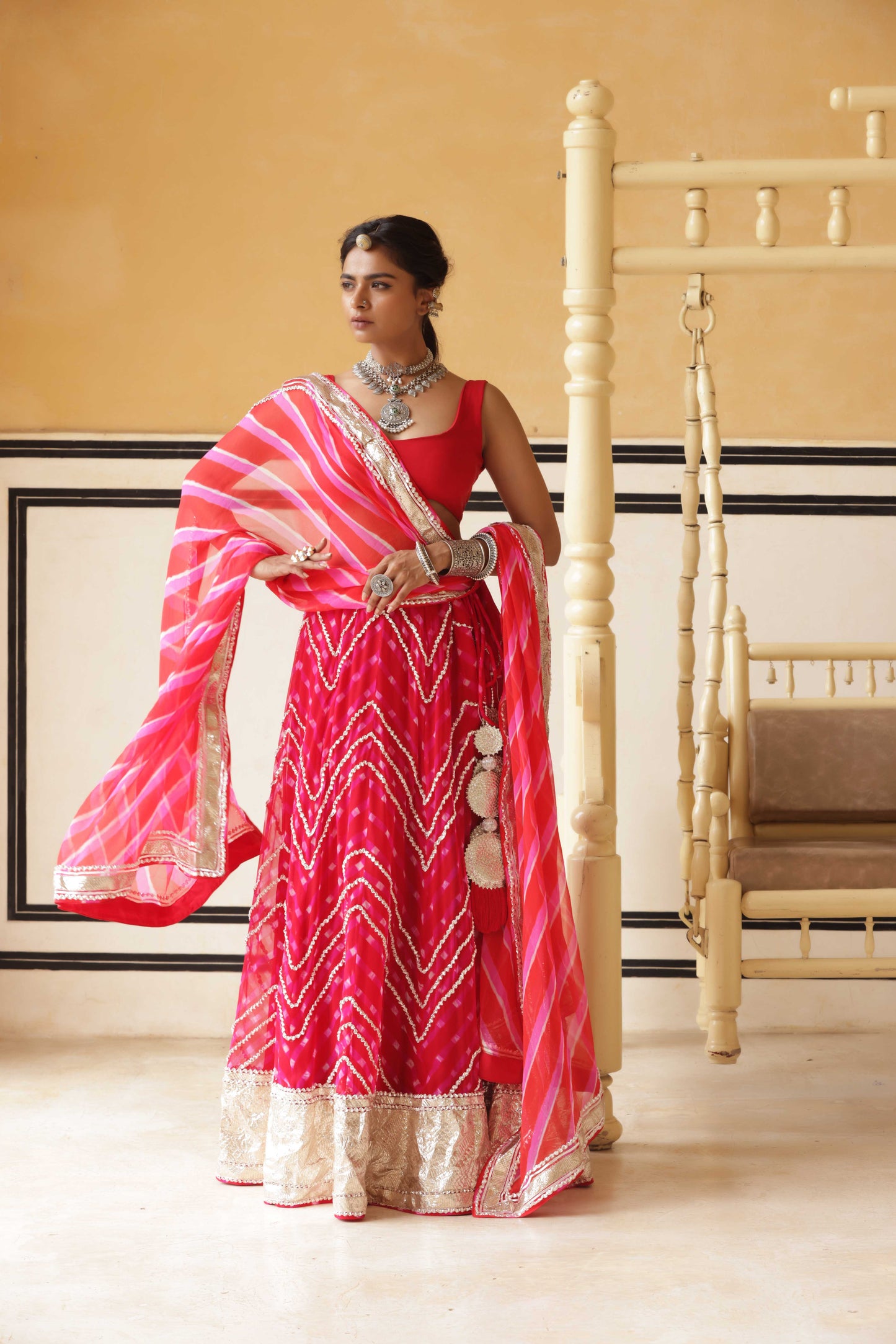 Crimson Chevron Gokhru Lehenga