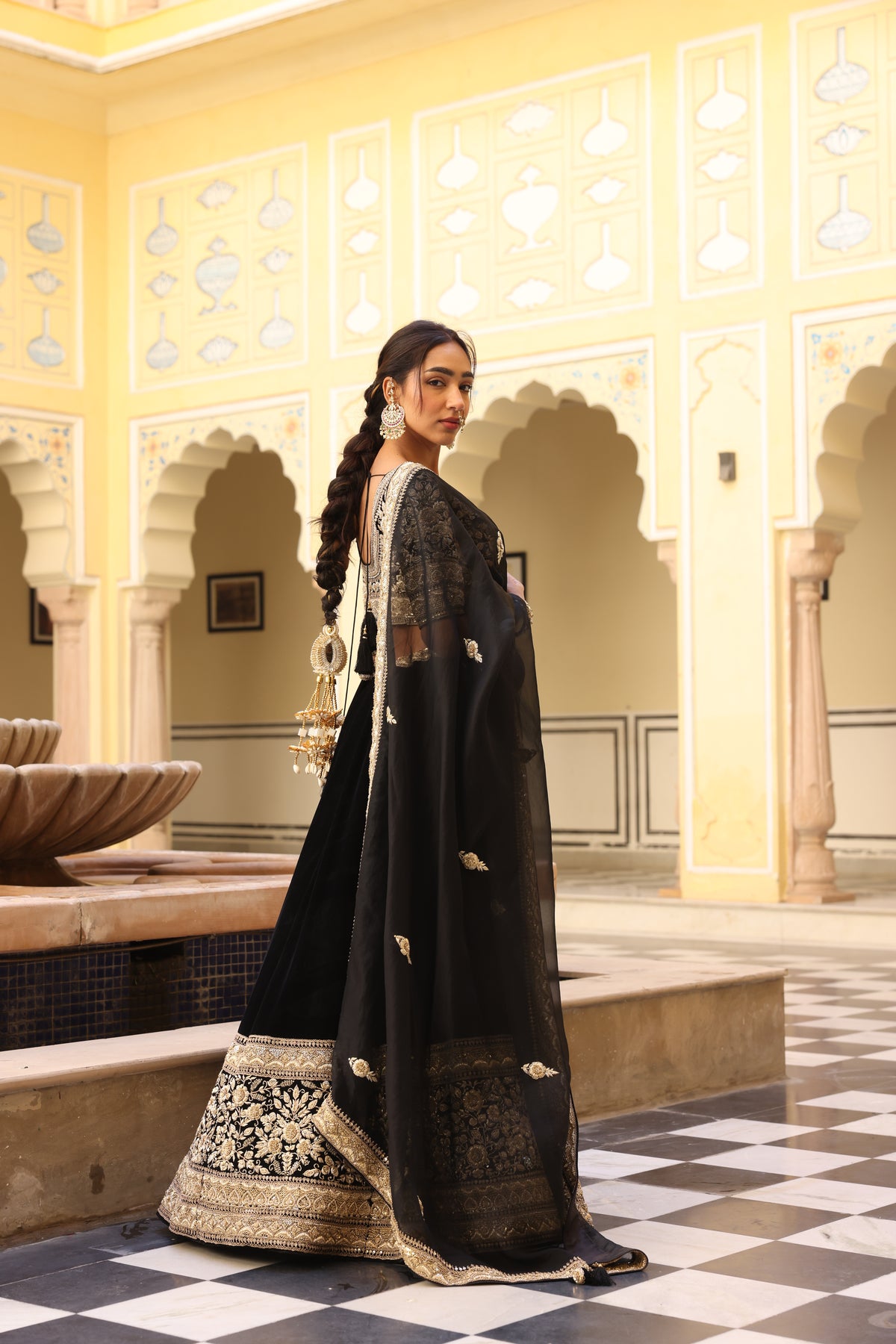 Black Velvet Lehenga with Zardozi & French Knot Embroidery