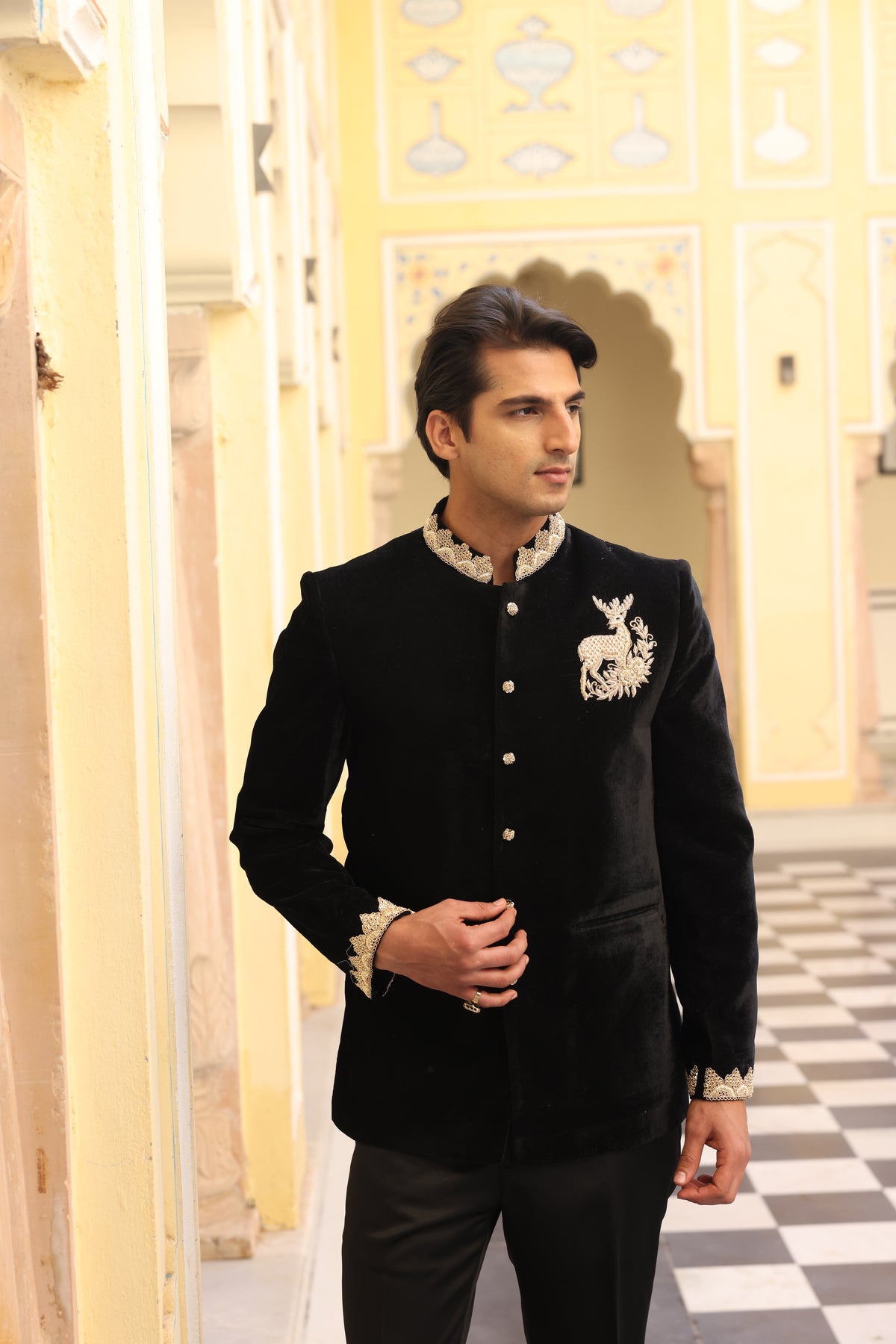 Black Velvet & Silk Jodhpuri Set with Zardozi, Sali Davka & Aari Work