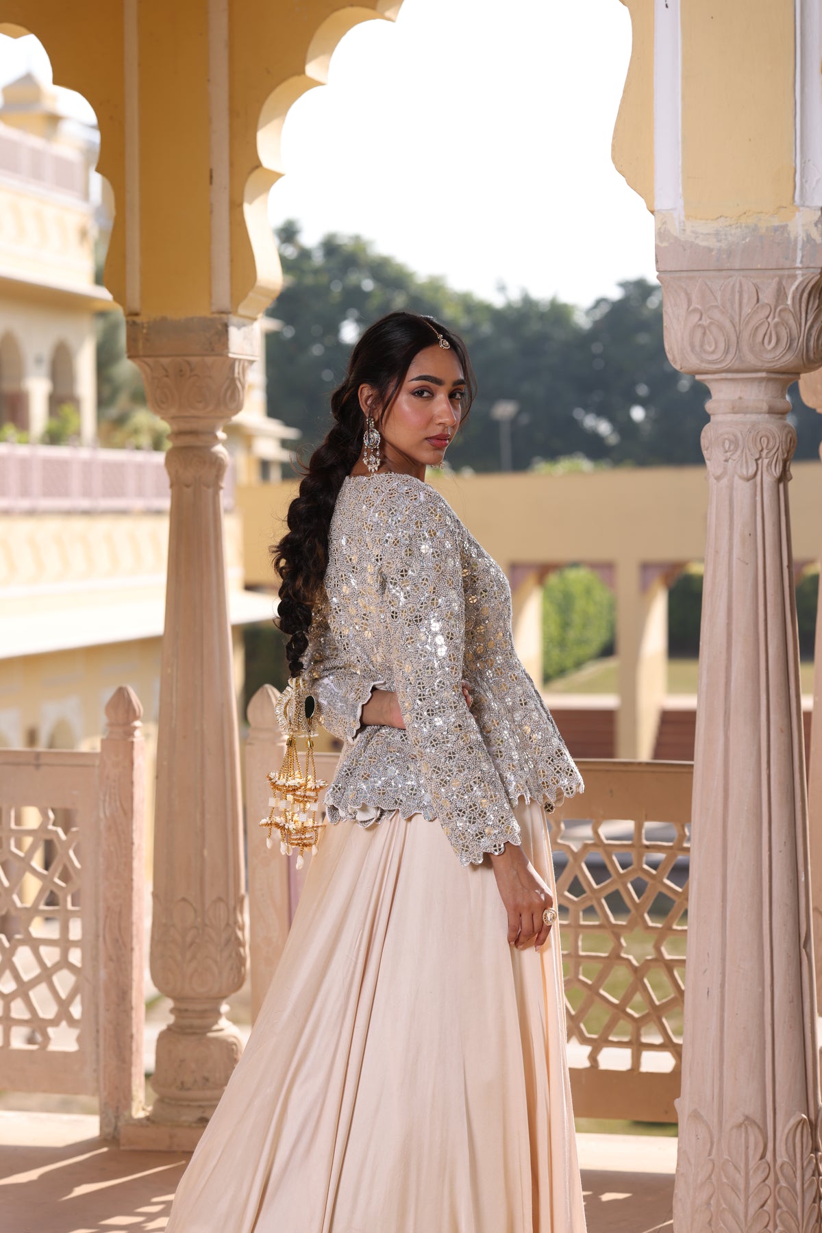 Beige Cream Pure Crepe Indo-Western Set in Premium Export Fabric