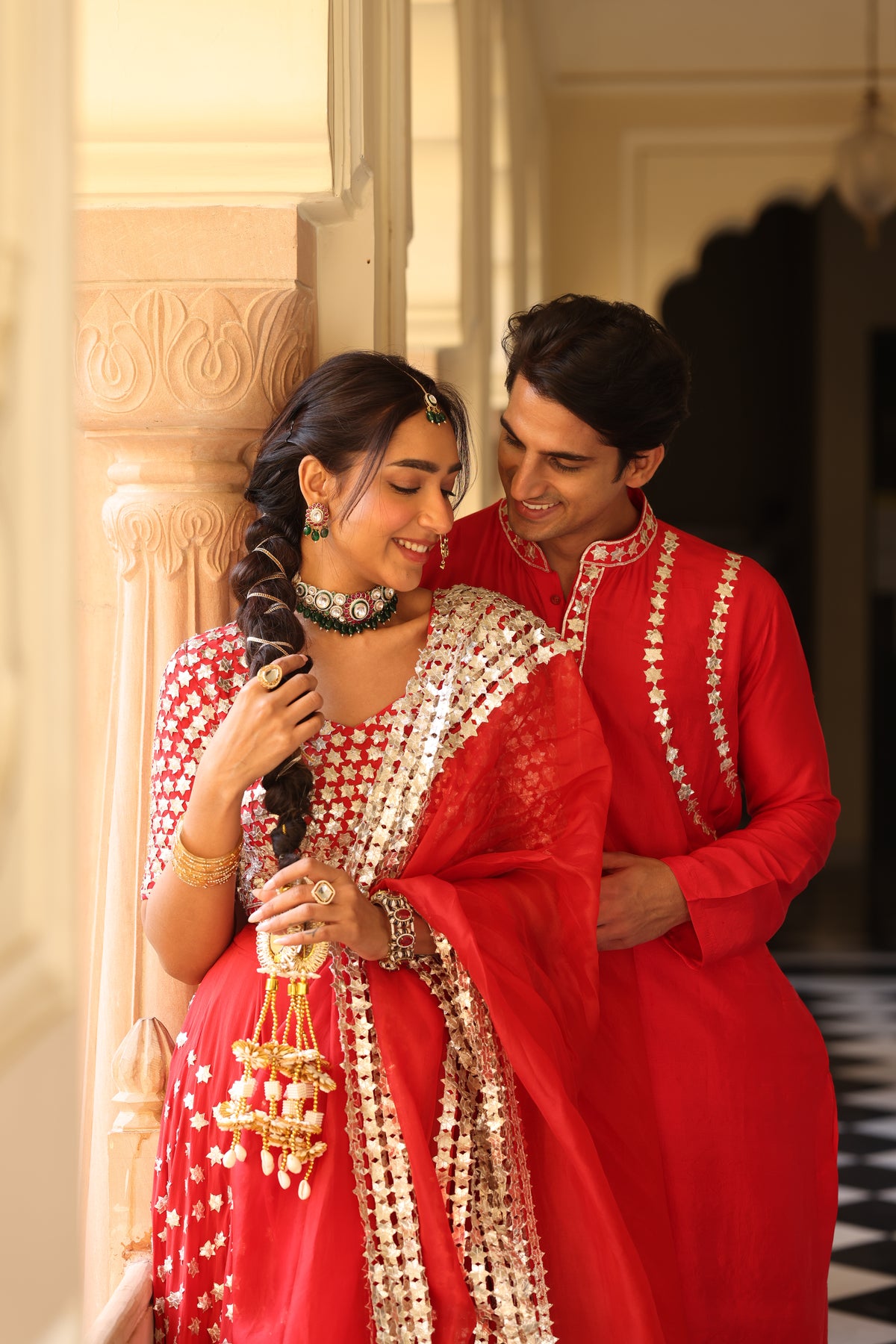 Red Couple Wear – Pure Crepe Lehenga & Men's Kurta Set with 3D Floral and Gota Work