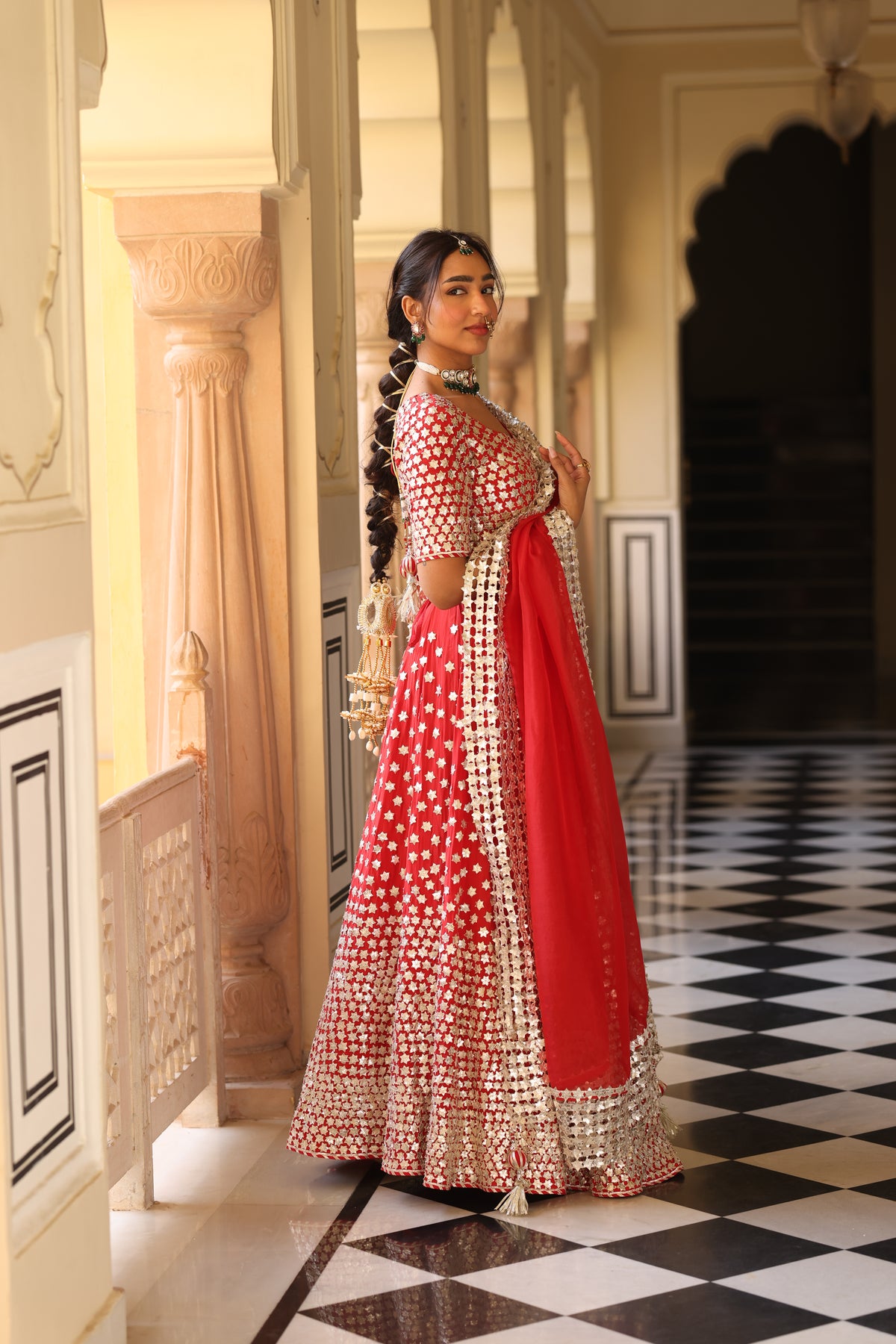 Pure Crepe Red Lehenga Set with 3D Floral & Gota Work