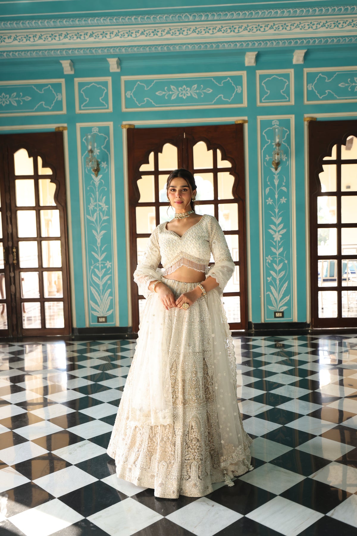 Ivory Net Lehenga with Pearl, Sequin & Crystal Embellishments