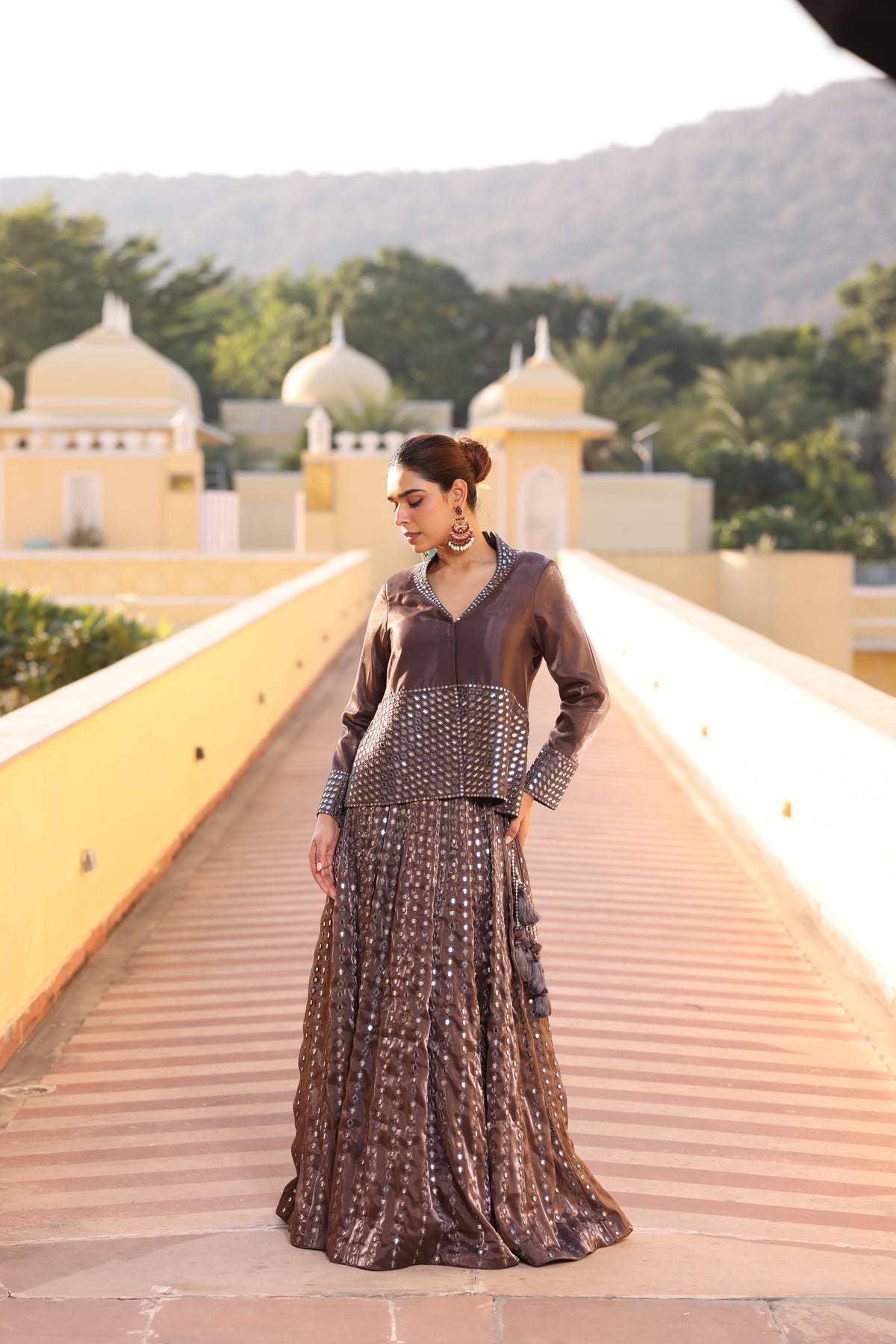 Burgundy Tissue Silk Lehenga with Mirror Work