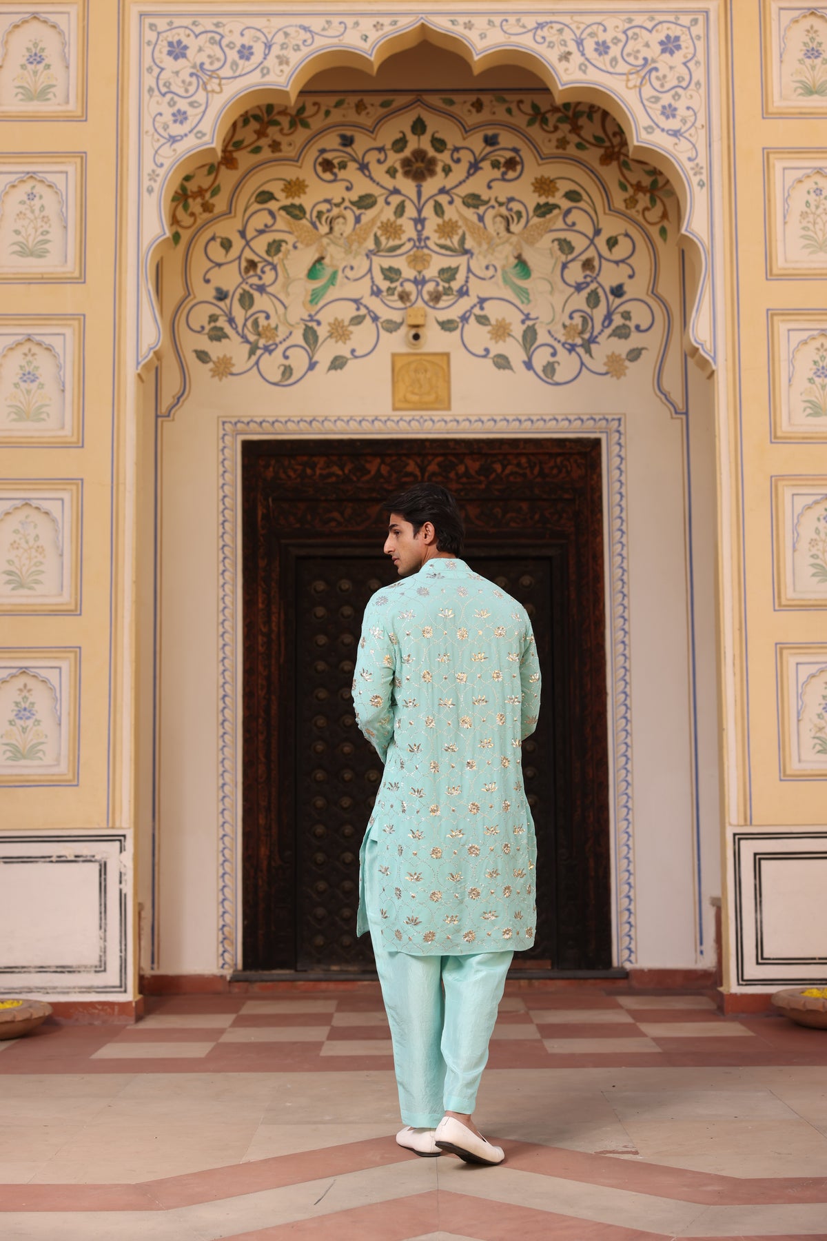 Ice Blue Kurta Set with Traditional Mukesh Work – Men's Ethnic Wear