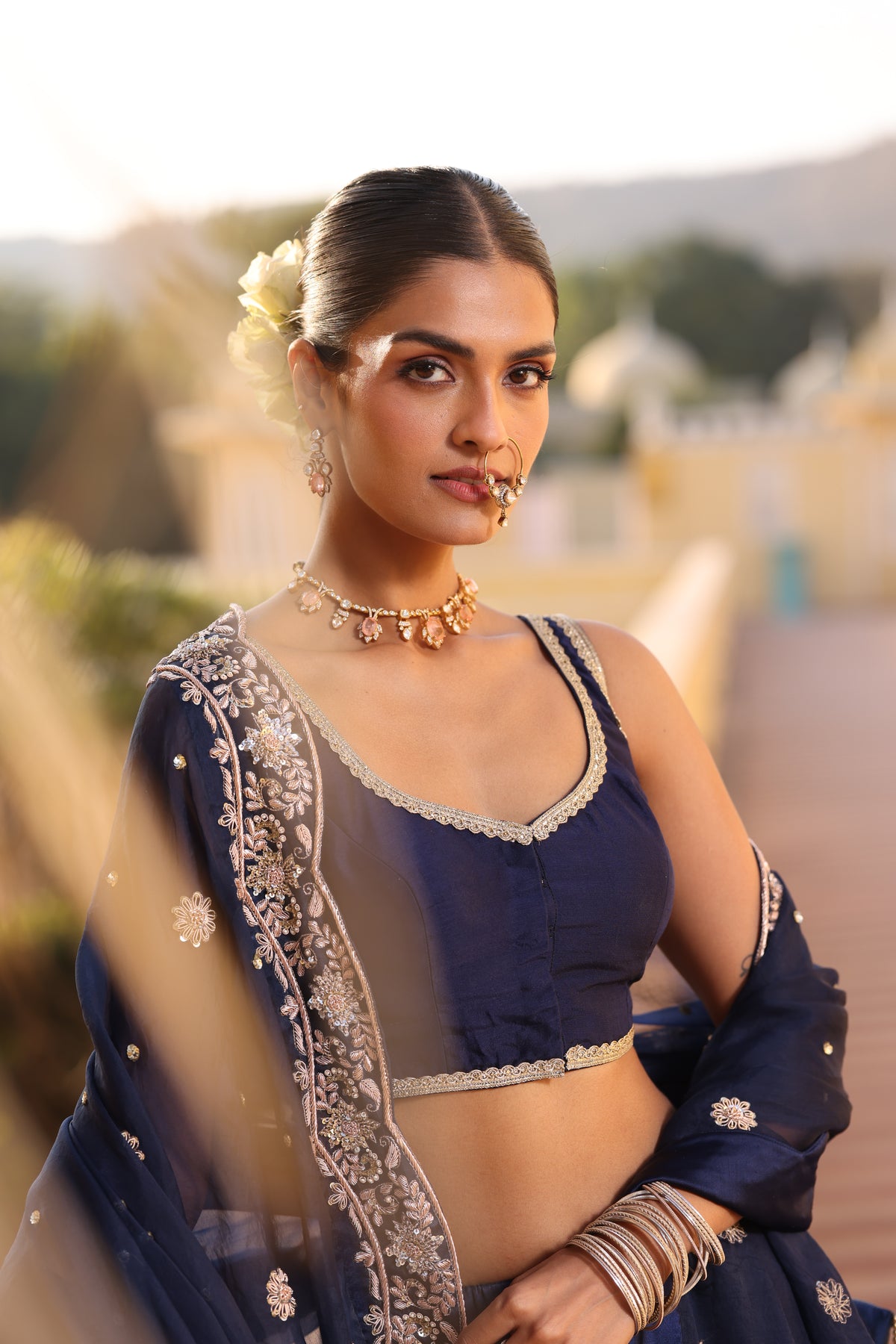 Navy Blue Silk Lehenga with Dabka Zardozi & Sequin Work