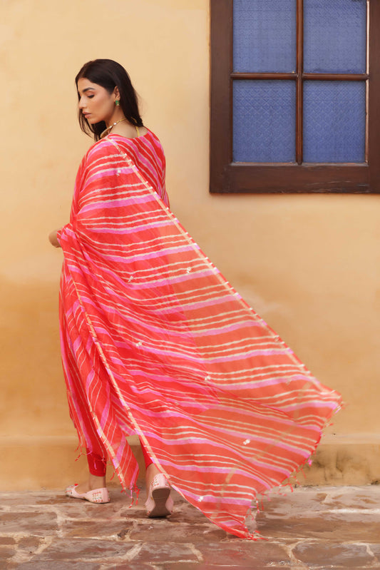 Crimson Leheriya Embroidered Suit Set