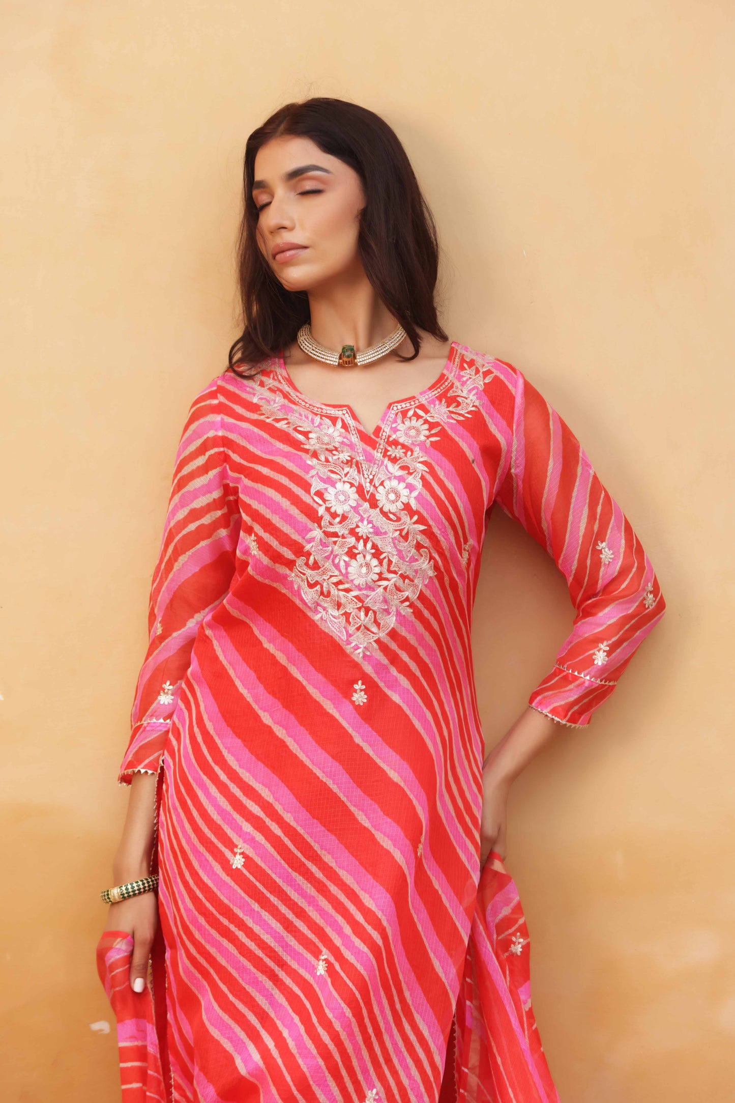 Crimson Leheriya Embroidered Suit Set
