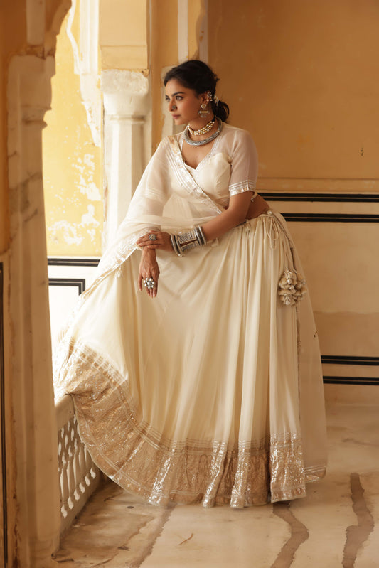 Ivory Silk Georgette Lappa Lehenga