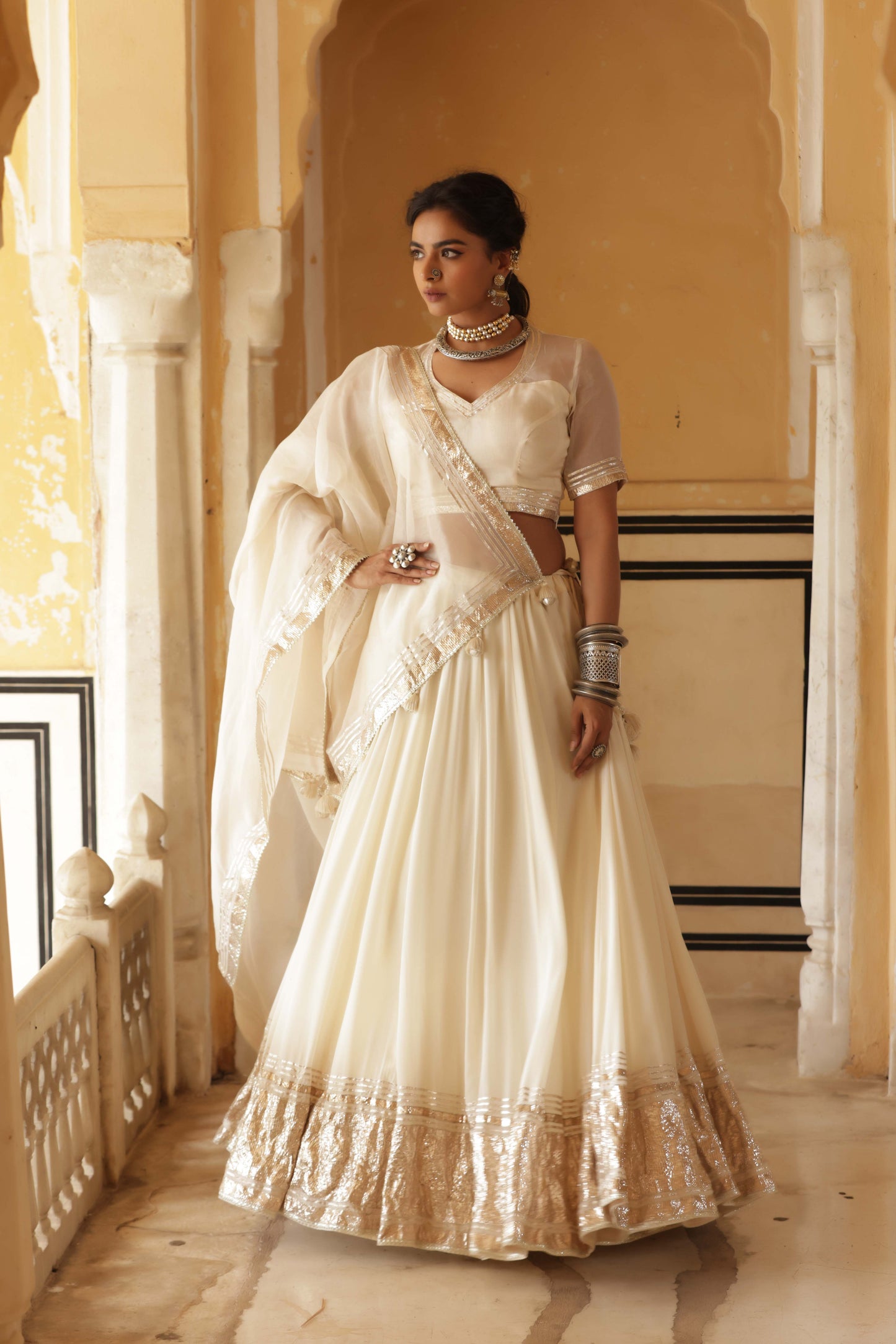 Ivory Silk Georgette Lappa Lehenga