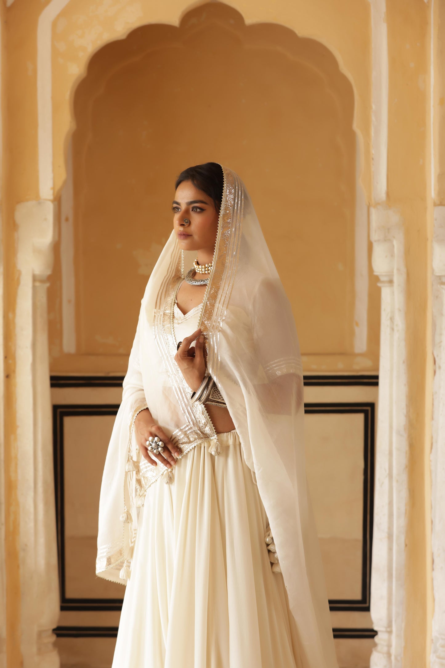 Ivory Silk Georgette Lappa Lehenga