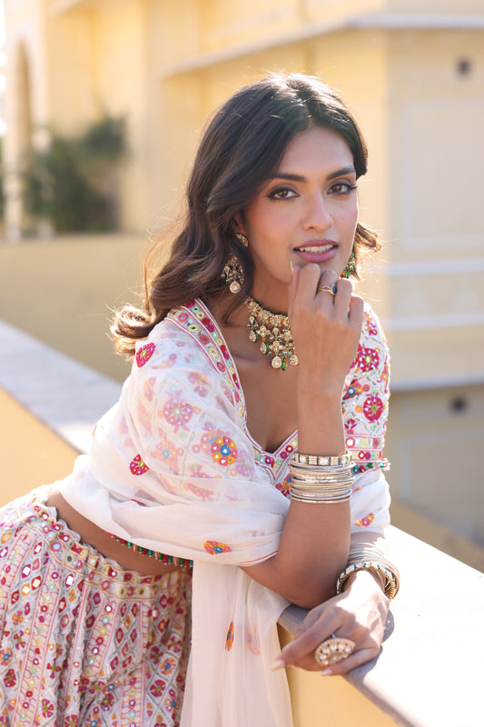 Off-White Silk Lehenga with Hand Floral Embroidery & Mirror Work