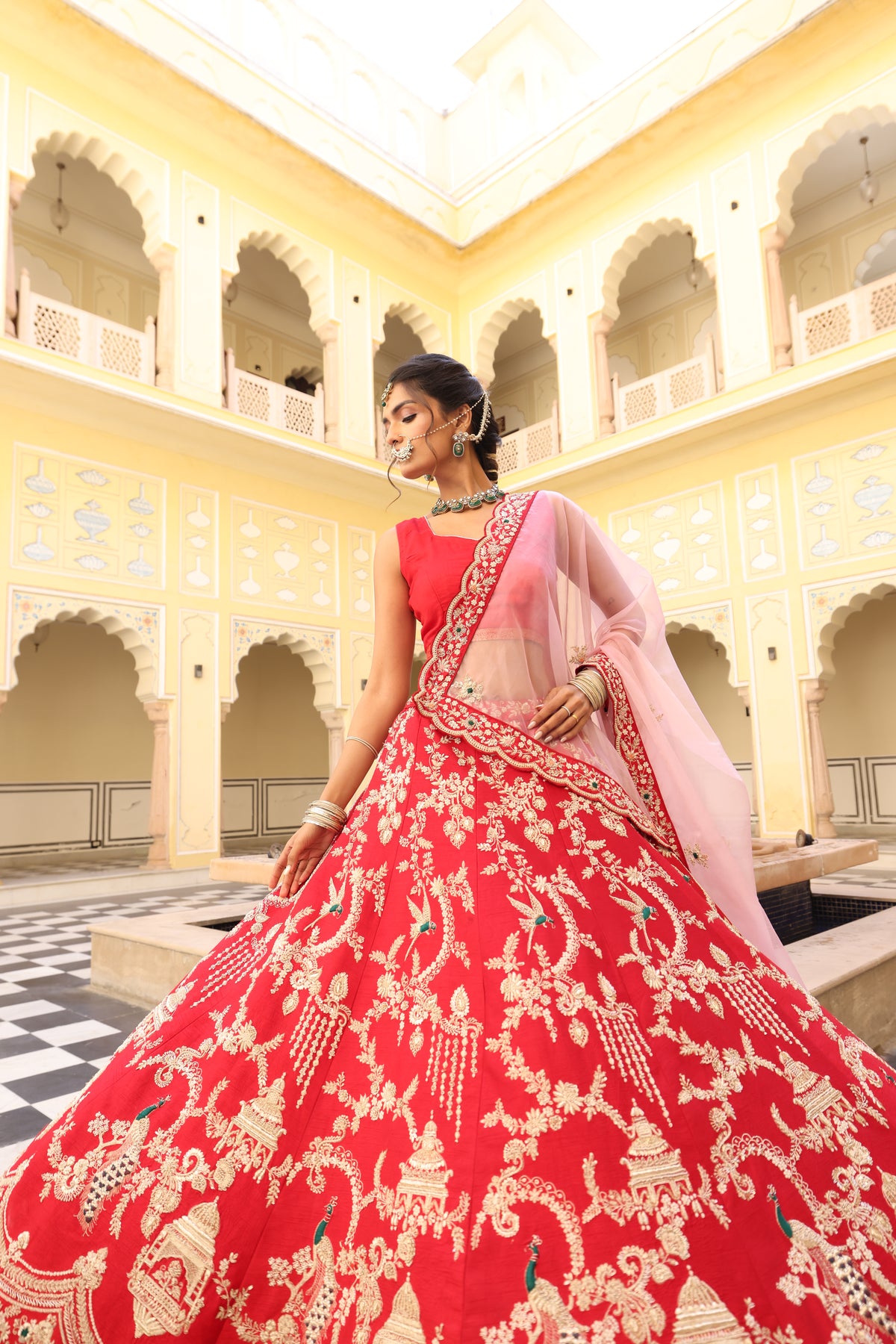 Red Silk Lehenga with Zardozi, Sequin & Aari Work – Royal Elegance