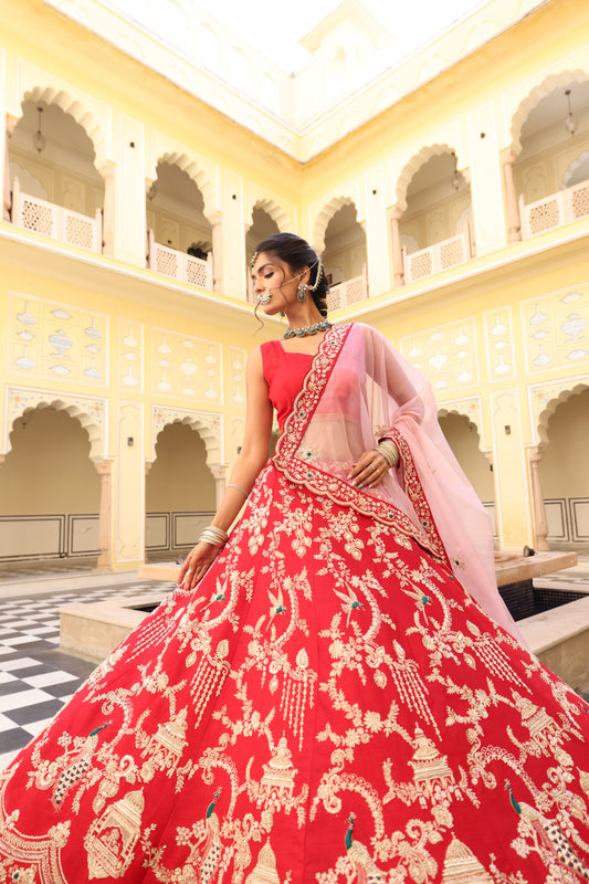 Red Silk Lehenga with Zardozi, Sequin & Aari Work – Royal Elegance