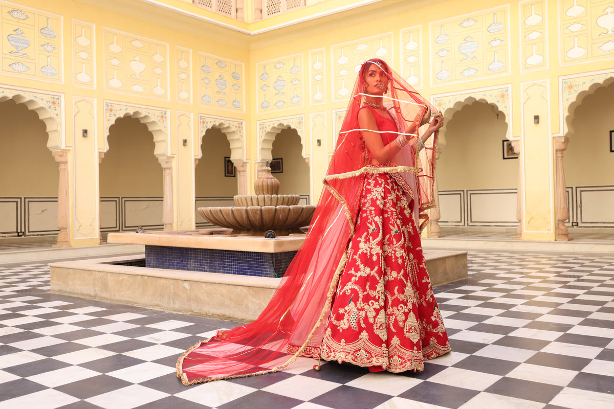 Red Silk Lehenga with Zardozi, Sequin & Aari Work – Royal Elegance