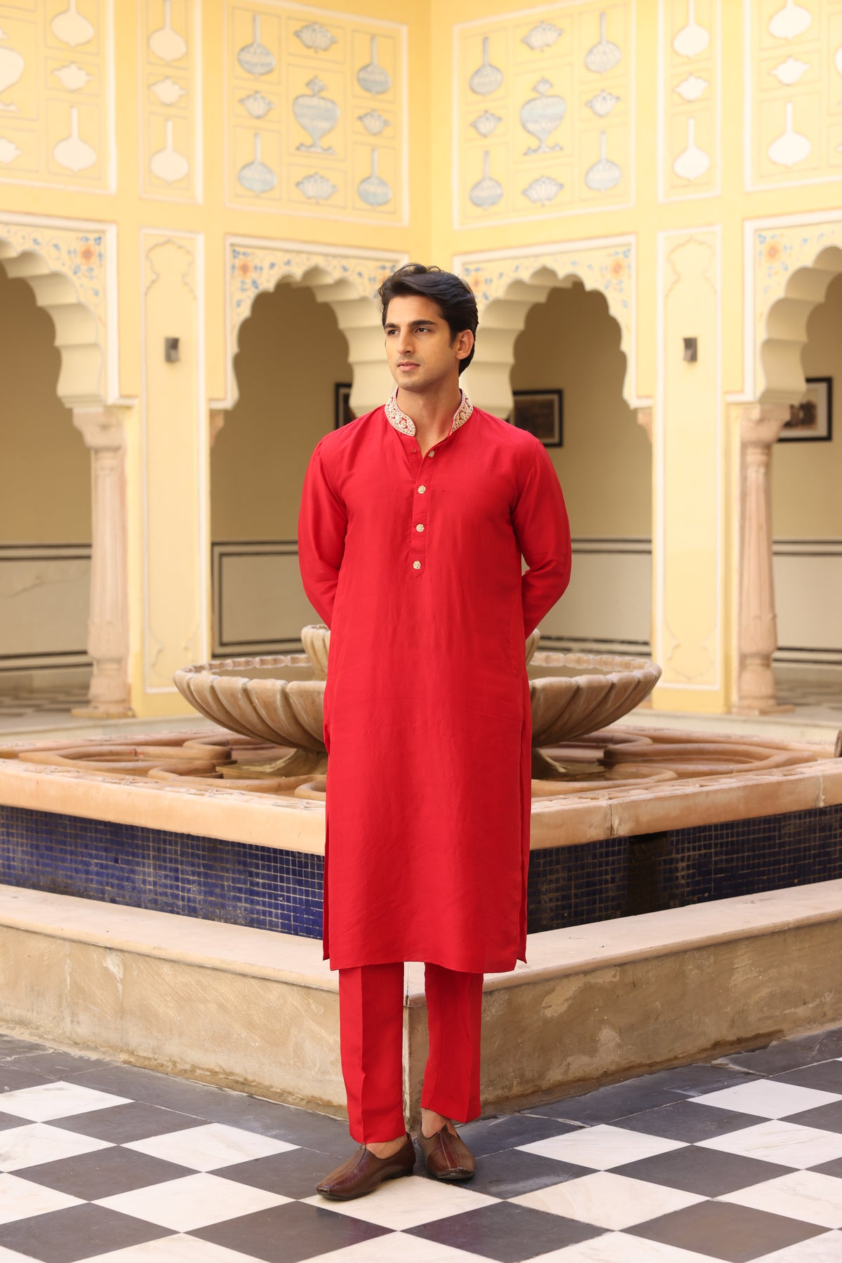Red Silk Zardozi Kurta Set