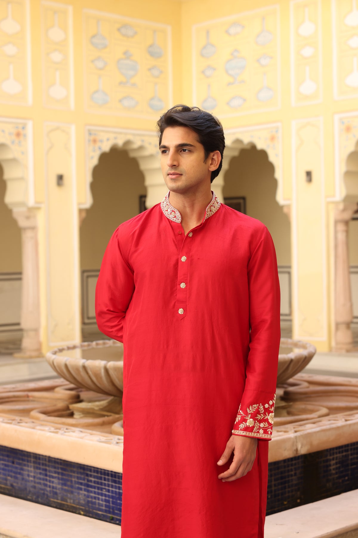 Red Silk Zardozi Kurta Set