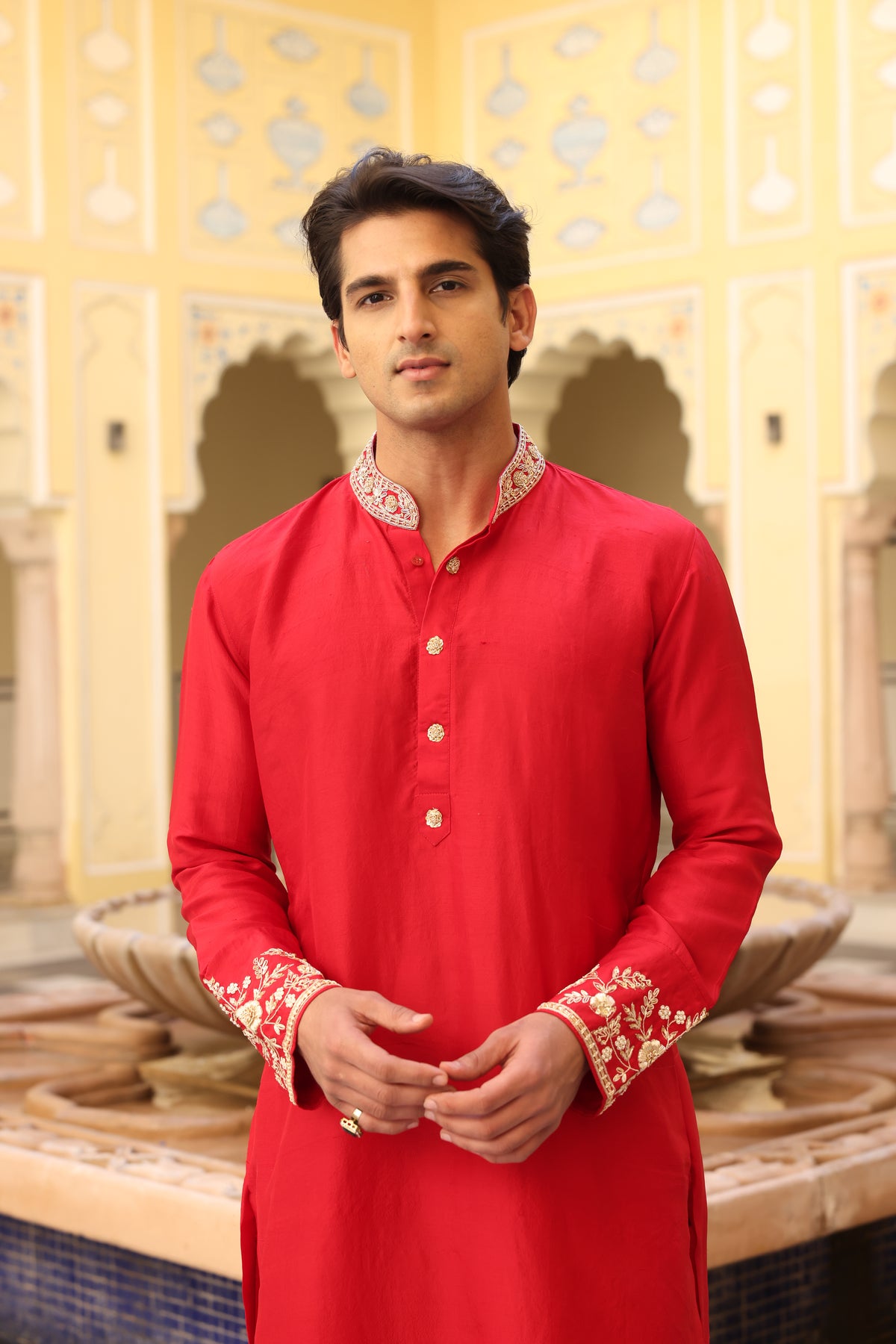 Red Silk Zardozi Kurta Set