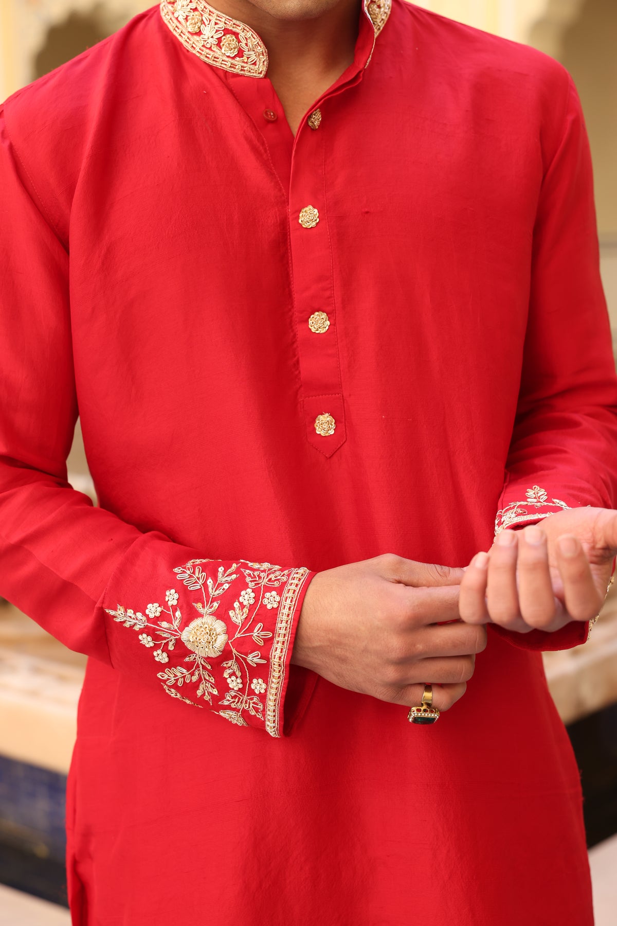 Red Silk Zardozi Kurta Set