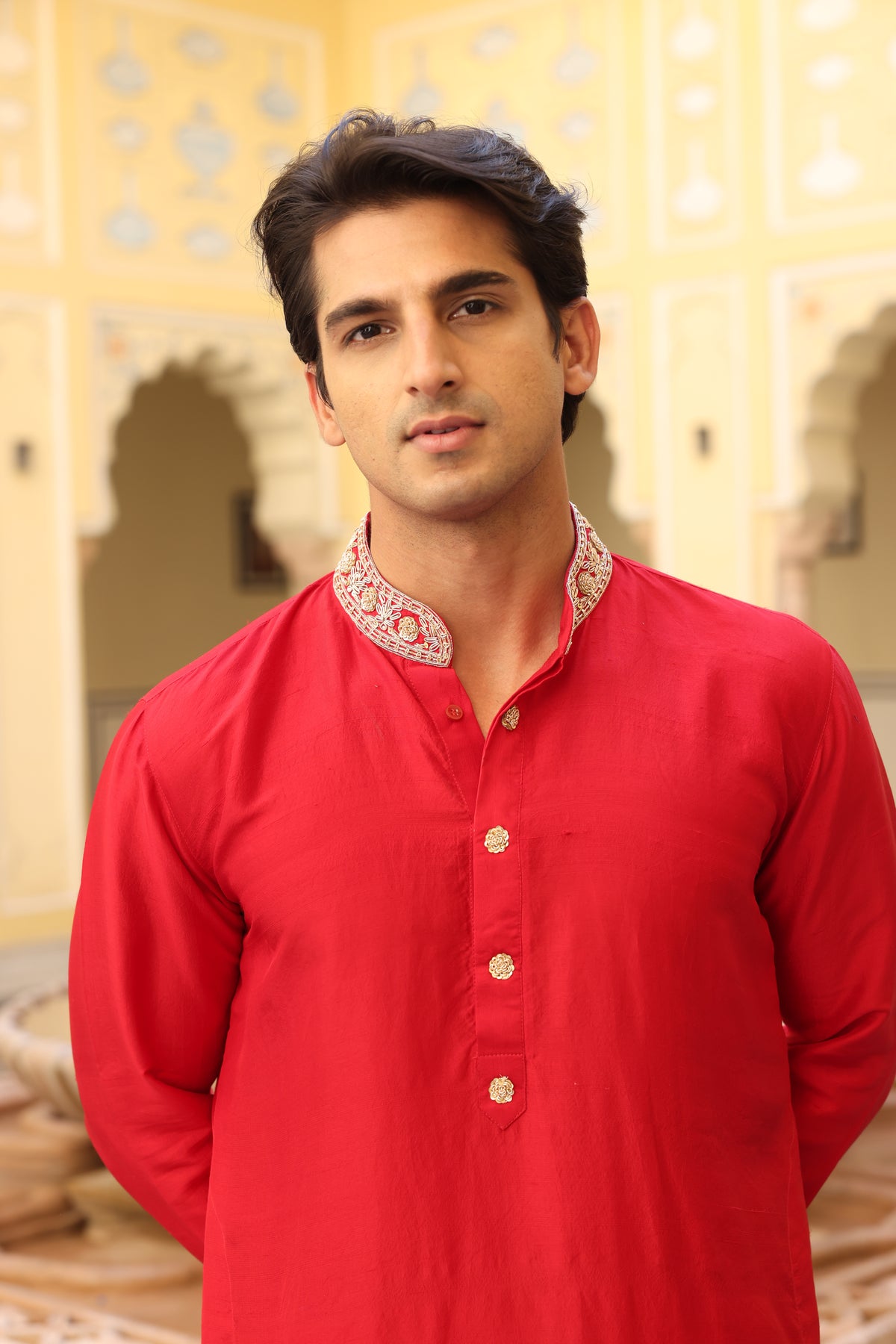 Red Silk Zardozi Kurta Set