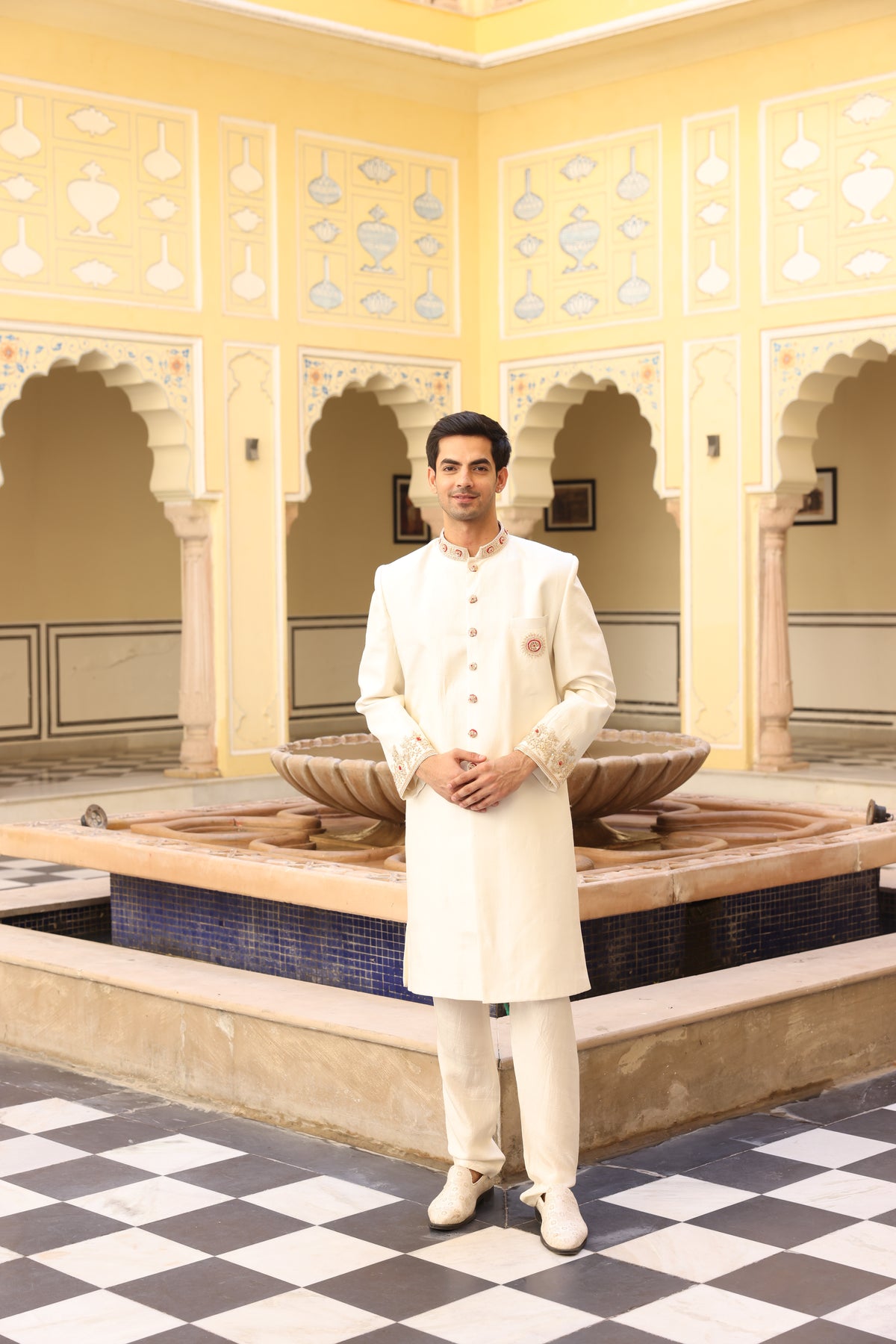 Ivory Pure Silk Zardozi Davka Sherwani Set